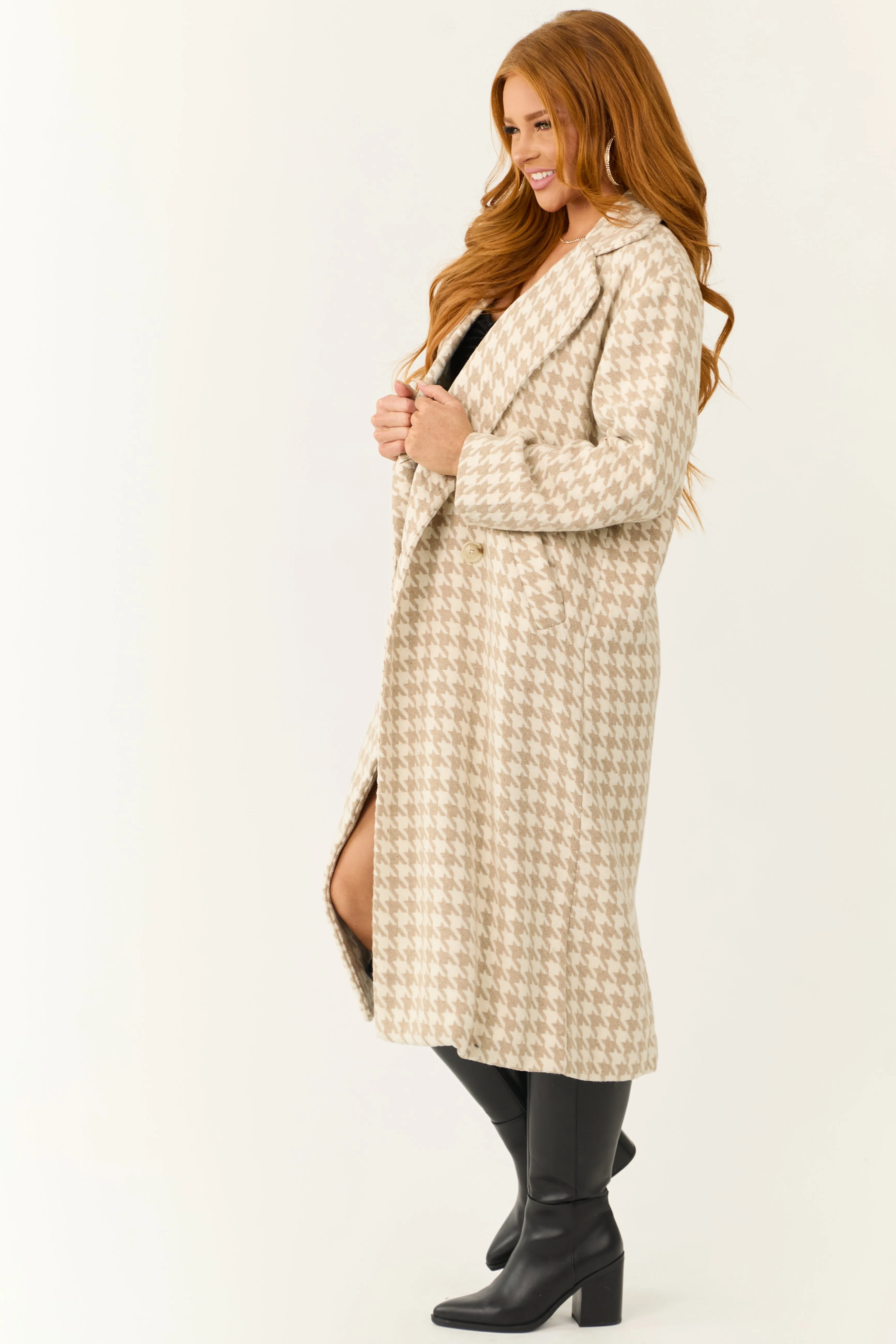 Ivory and Latte Houndstooth Pattern Trench Coat