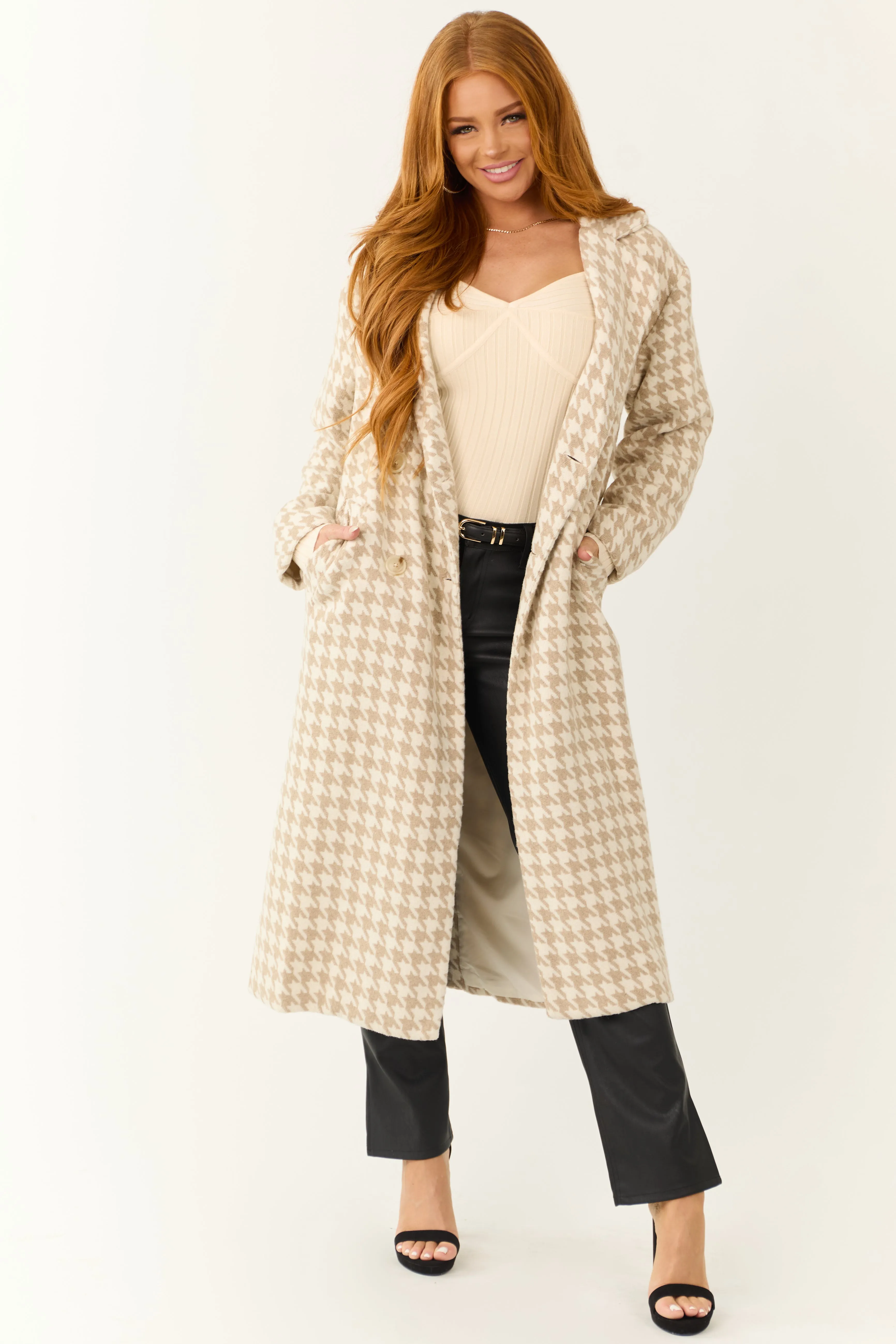 Ivory and Latte Houndstooth Pattern Trench Coat