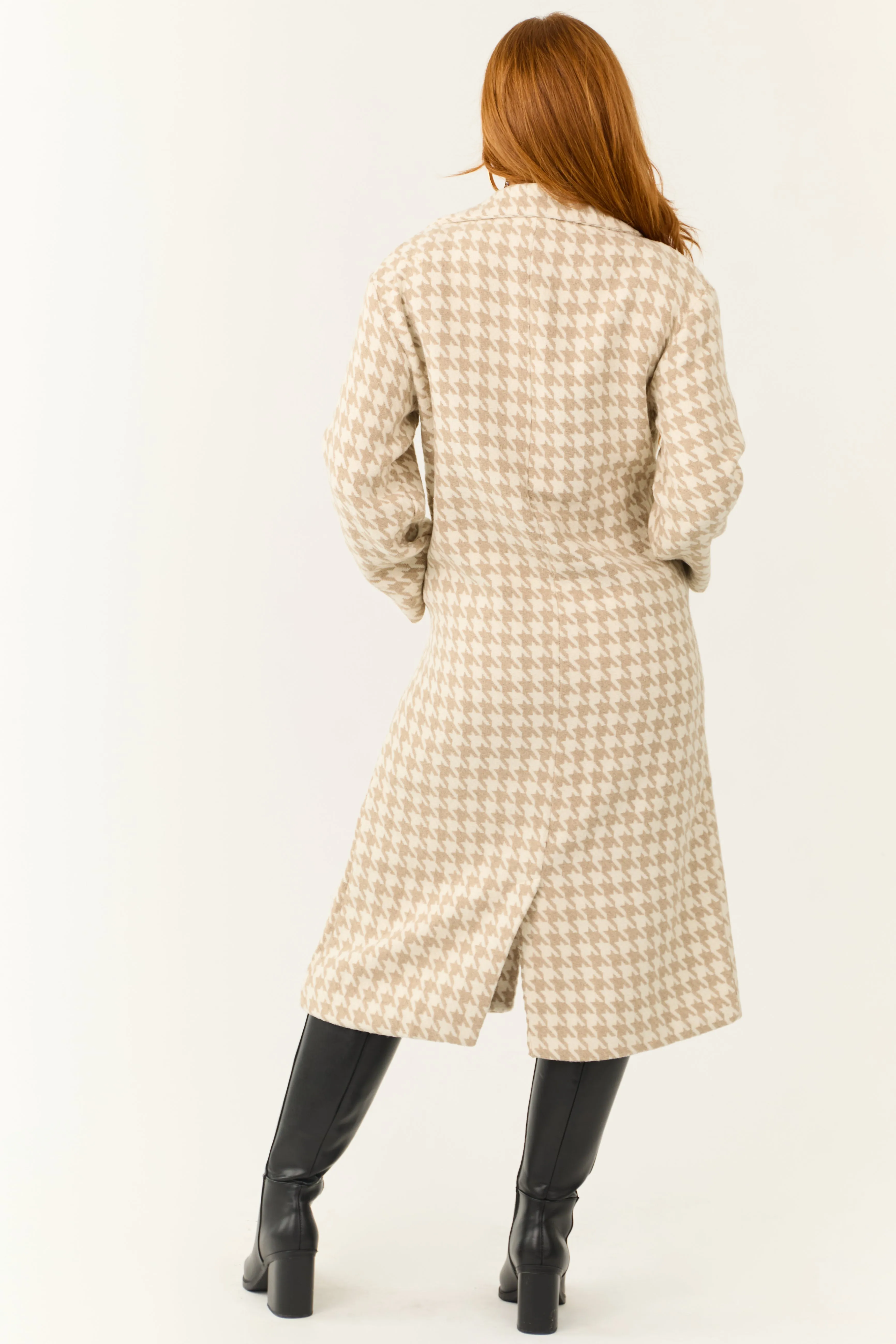 Ivory and Latte Houndstooth Pattern Trench Coat