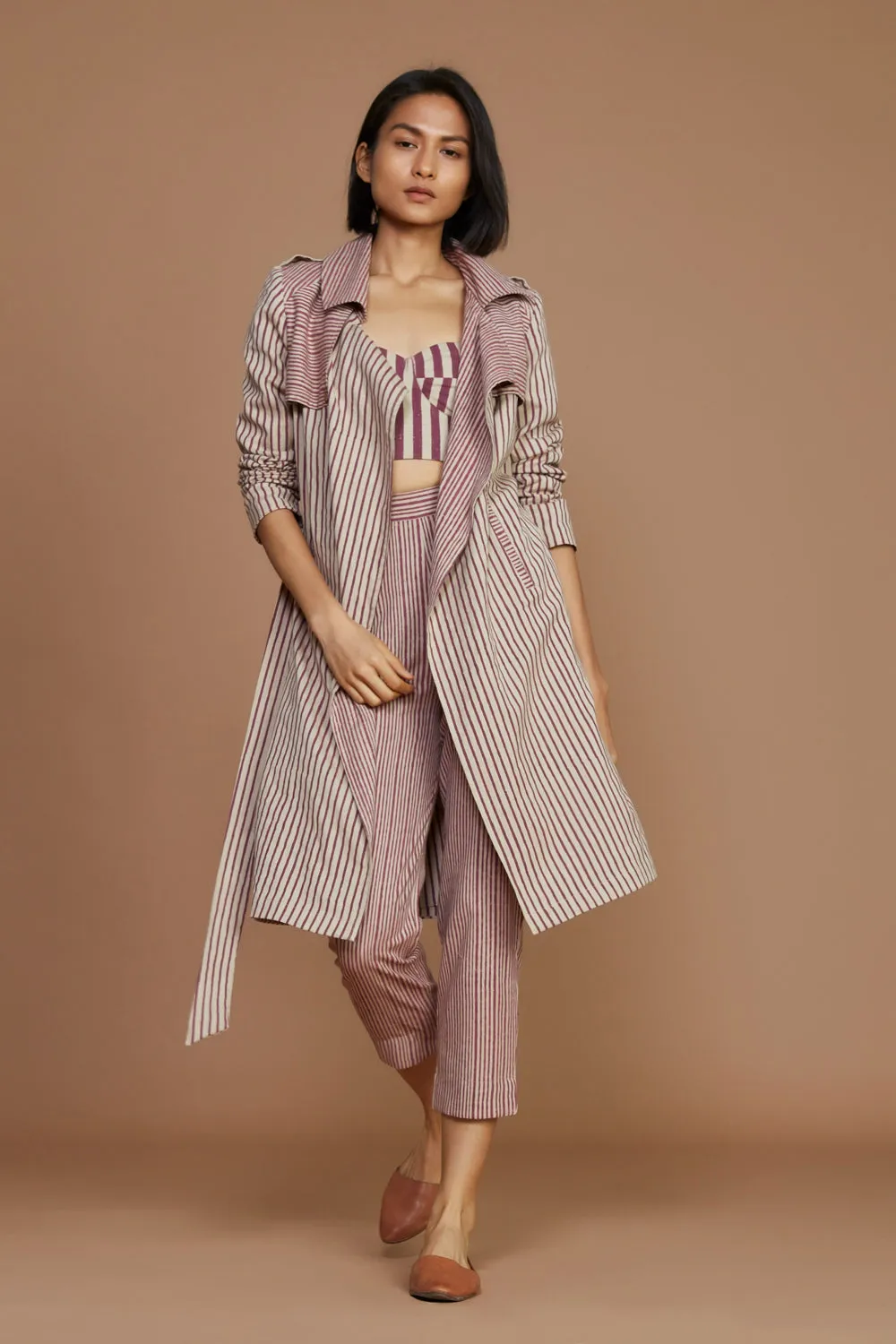 Ivory With Mauve Striped Trench & Corset Co-Ord Set (3 Pcs)