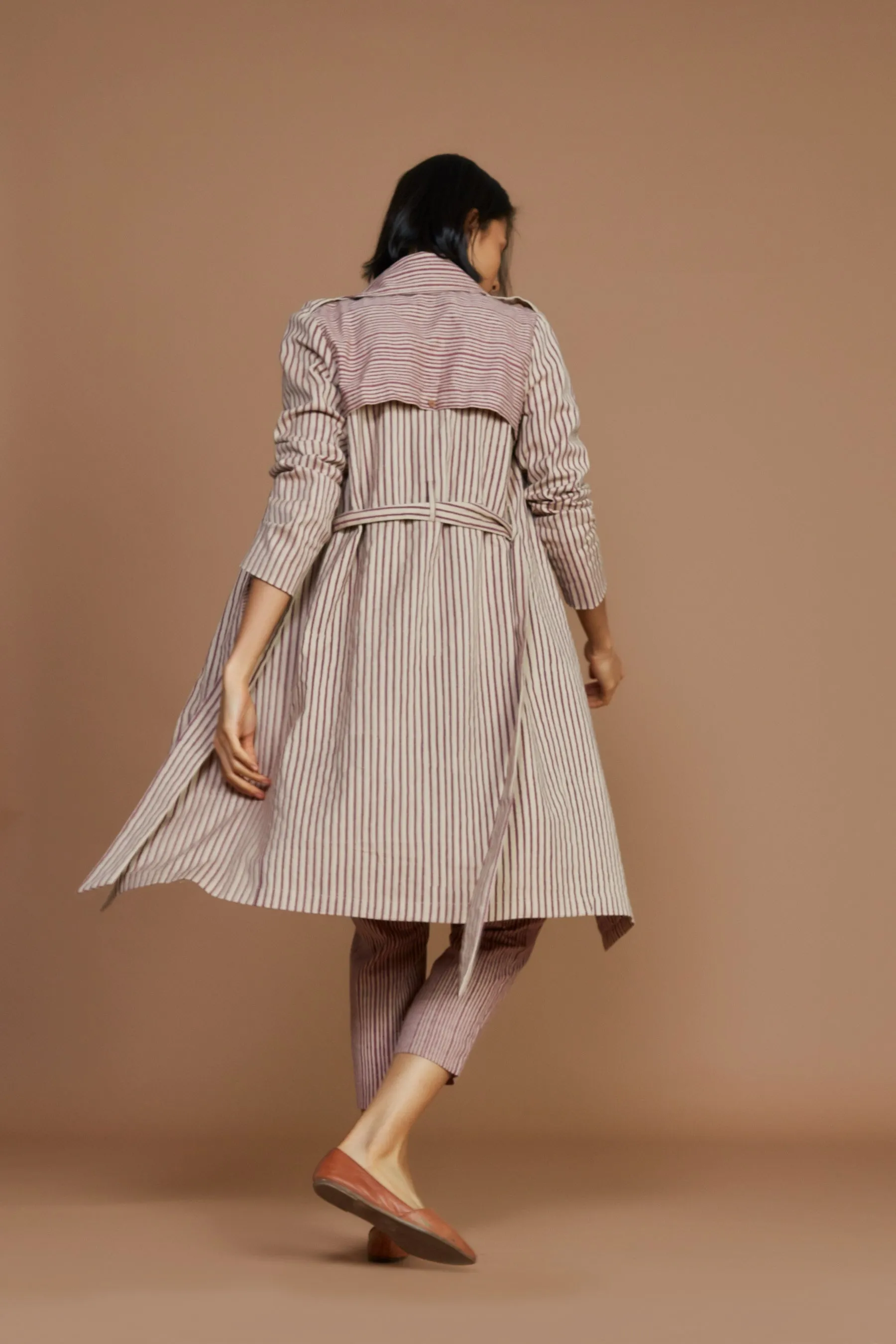 Ivory With Mauve Striped Trench & Corset Co-Ord Set (3 Pcs)