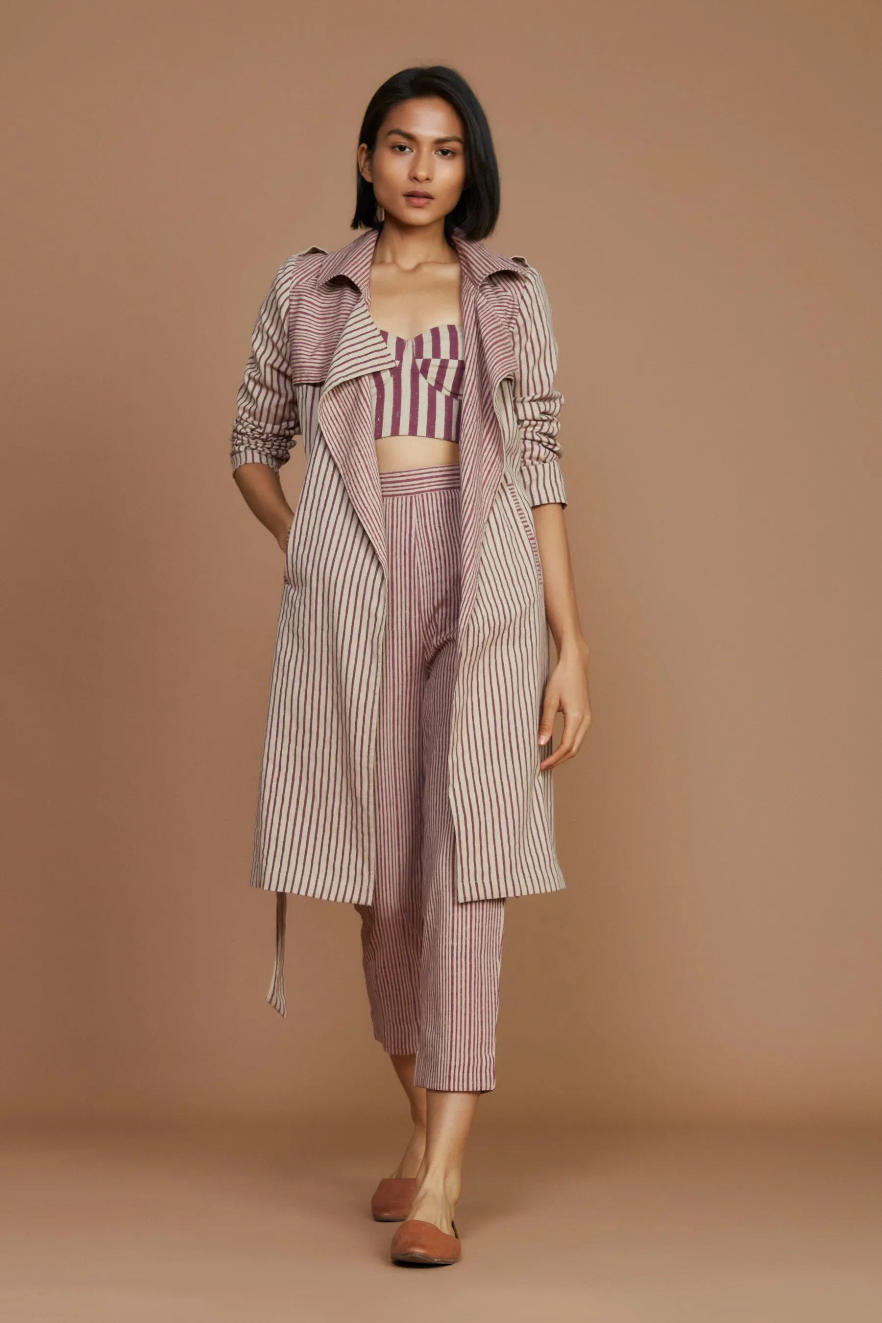 Ivory With Mauve Striped Trench & Corset Co-Ord Set (3 Pcs)