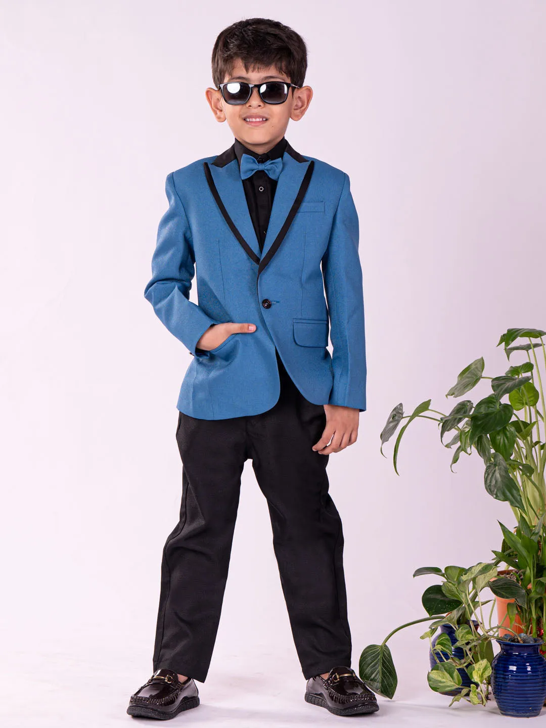 Jashvi Boys' Black And Turquoise Shirt Blazer And Pant