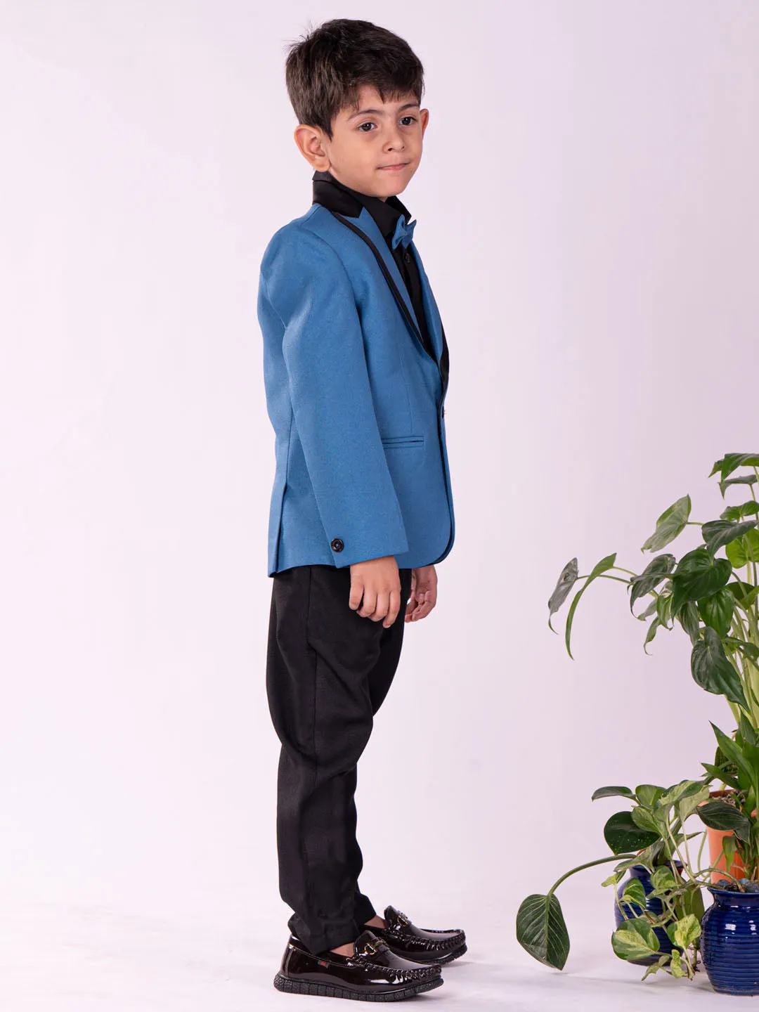 Jashvi Boys' Black And Turquoise Shirt Blazer And Pant