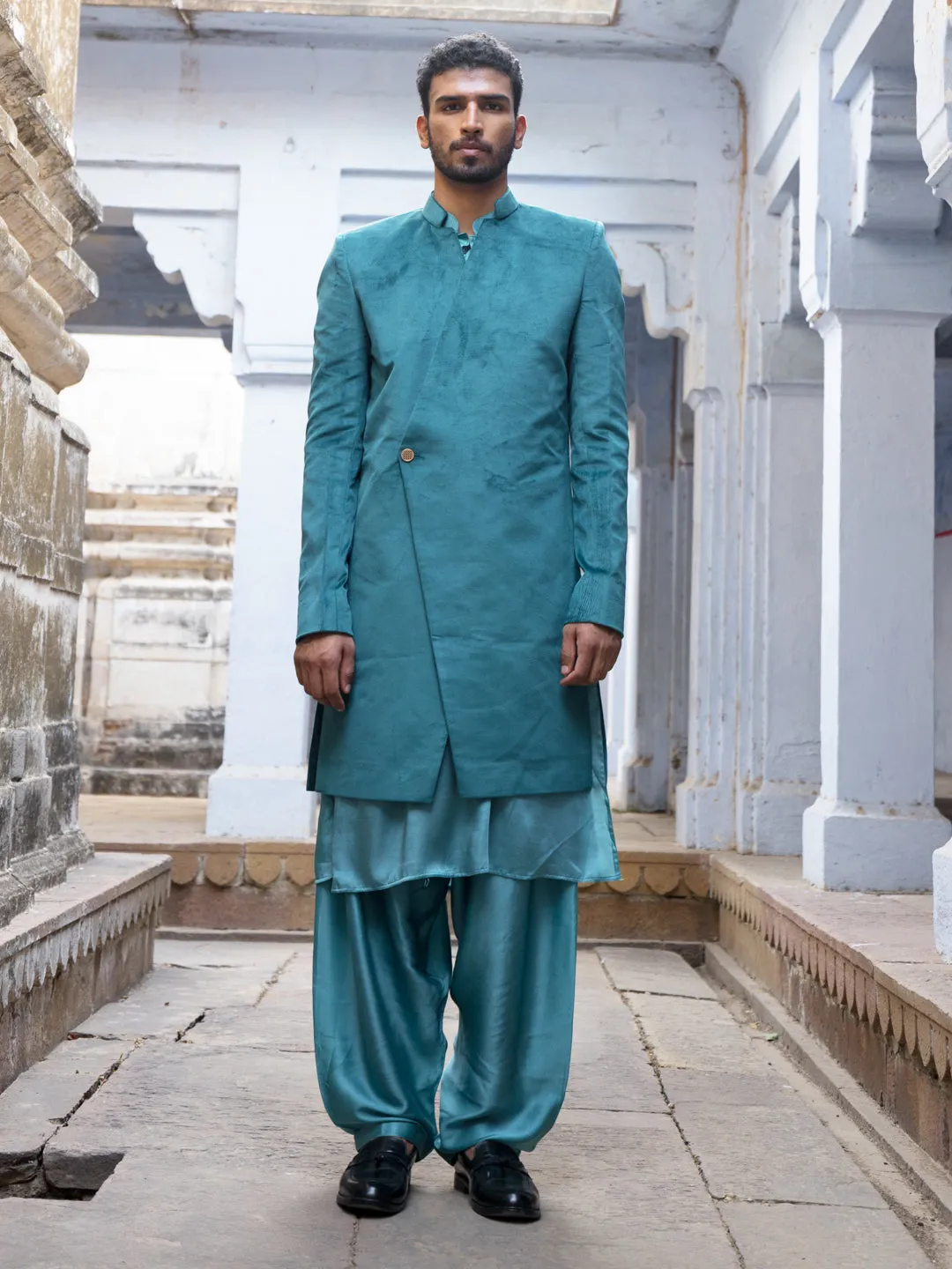 Jashvi Men's Sea Green Combo Set With Dupatta