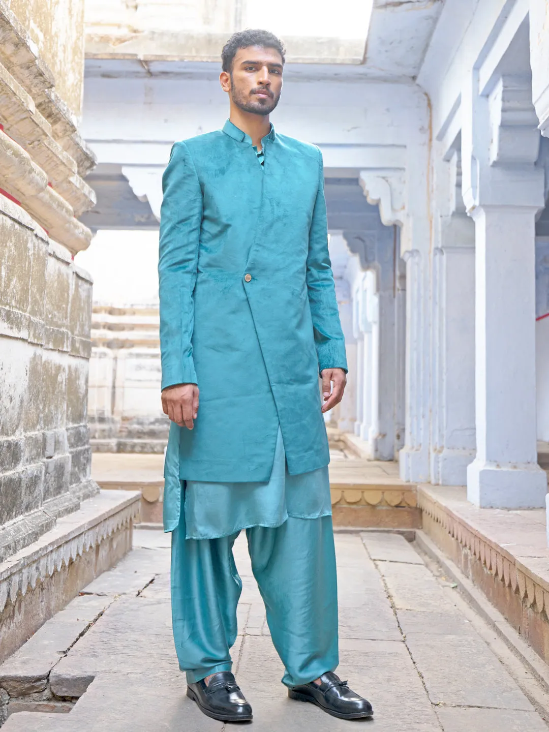 Jashvi Men's Sea Green Combo Set With Dupatta