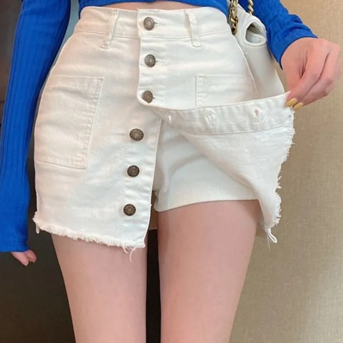 KittenAlarm - Summer Sexy Mini Skirt Women New Arrival Single Buttons High Waist Denim Shorts Skirt Black Or White A Line Jean Skirts