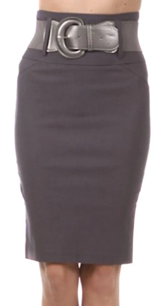 Knee Length High Waist Stretch Pencil Skirt with Wide Belt