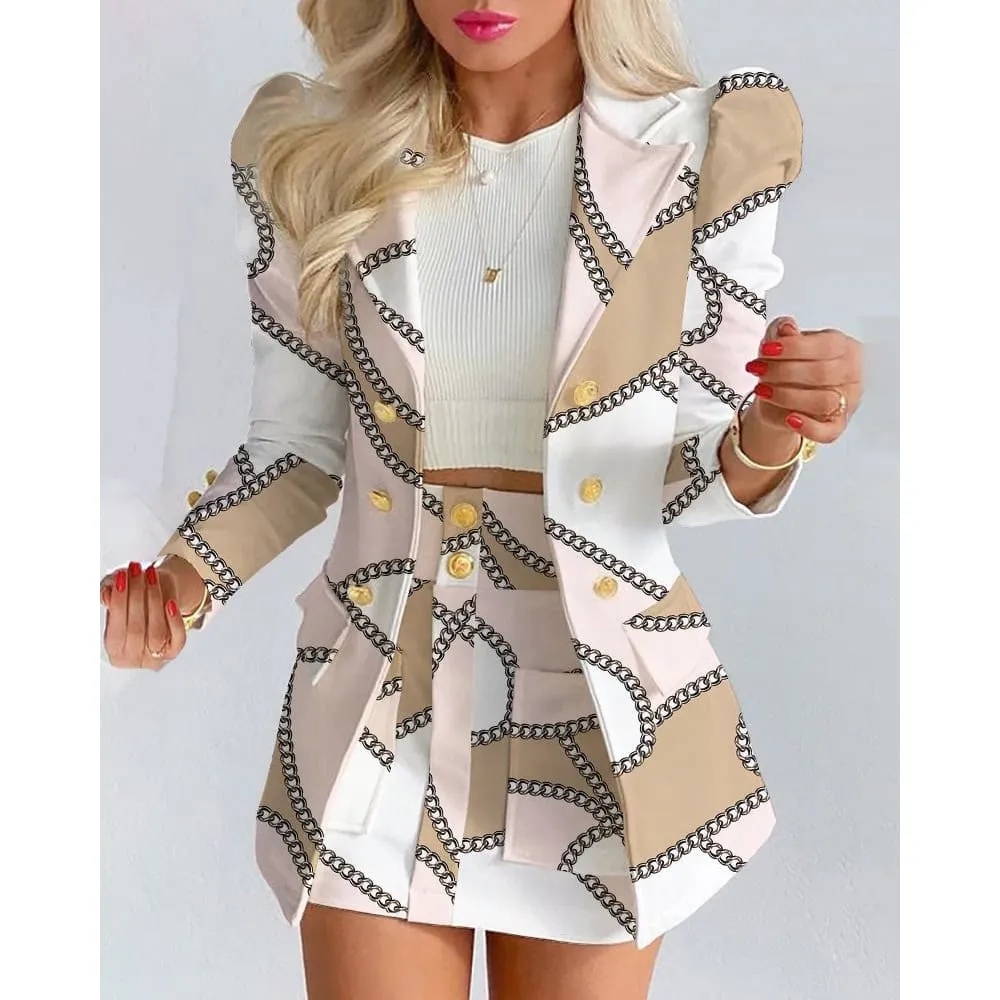 Lapel Collar Side Flap Pocket Blazer & Front Pockets Mini Skirt Set