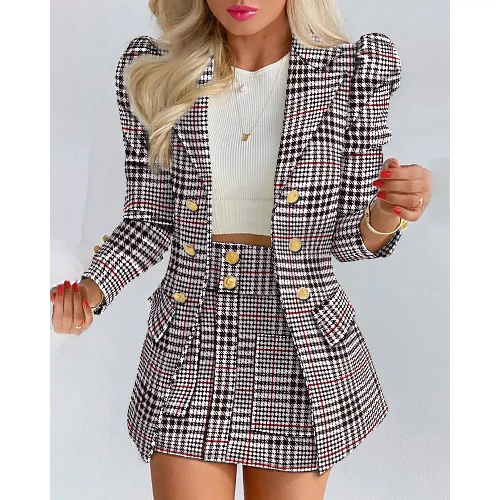 Lapel Collar Side Flap Pocket Blazer & Front Pockets Mini Skirt Set