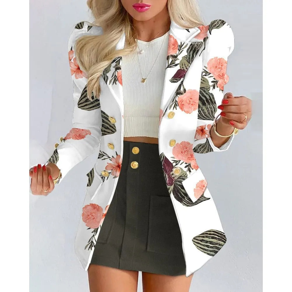 Lapel Collar Side Flap Pocket Blazer & Front Pockets Mini Skirt Set