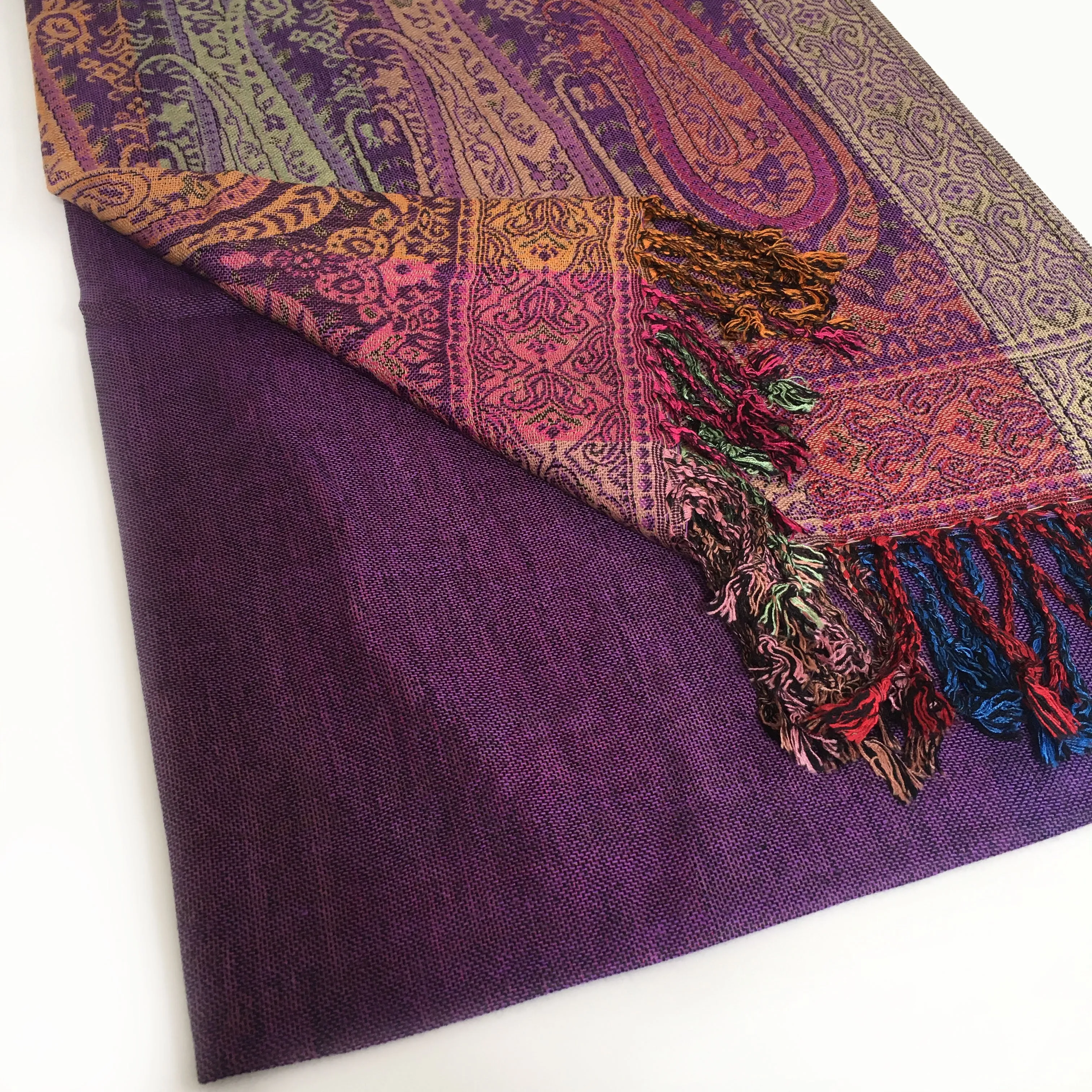 LARGE PURPLE RAINBOW MULTI COLOUR PAISLEY PRINT PASHMINA SHAWL SCARF