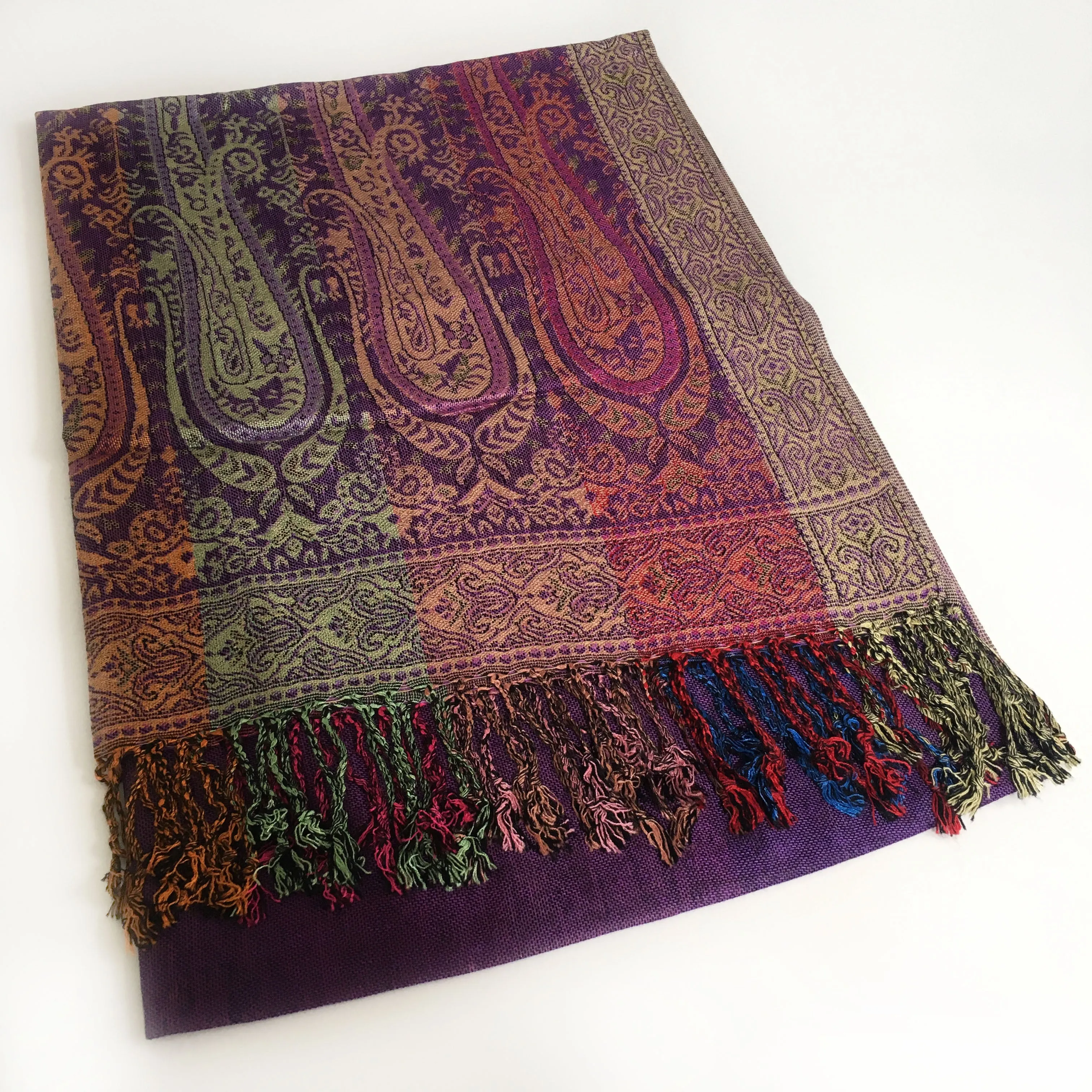 LARGE PURPLE RAINBOW MULTI COLOUR PAISLEY PRINT PASHMINA SHAWL SCARF