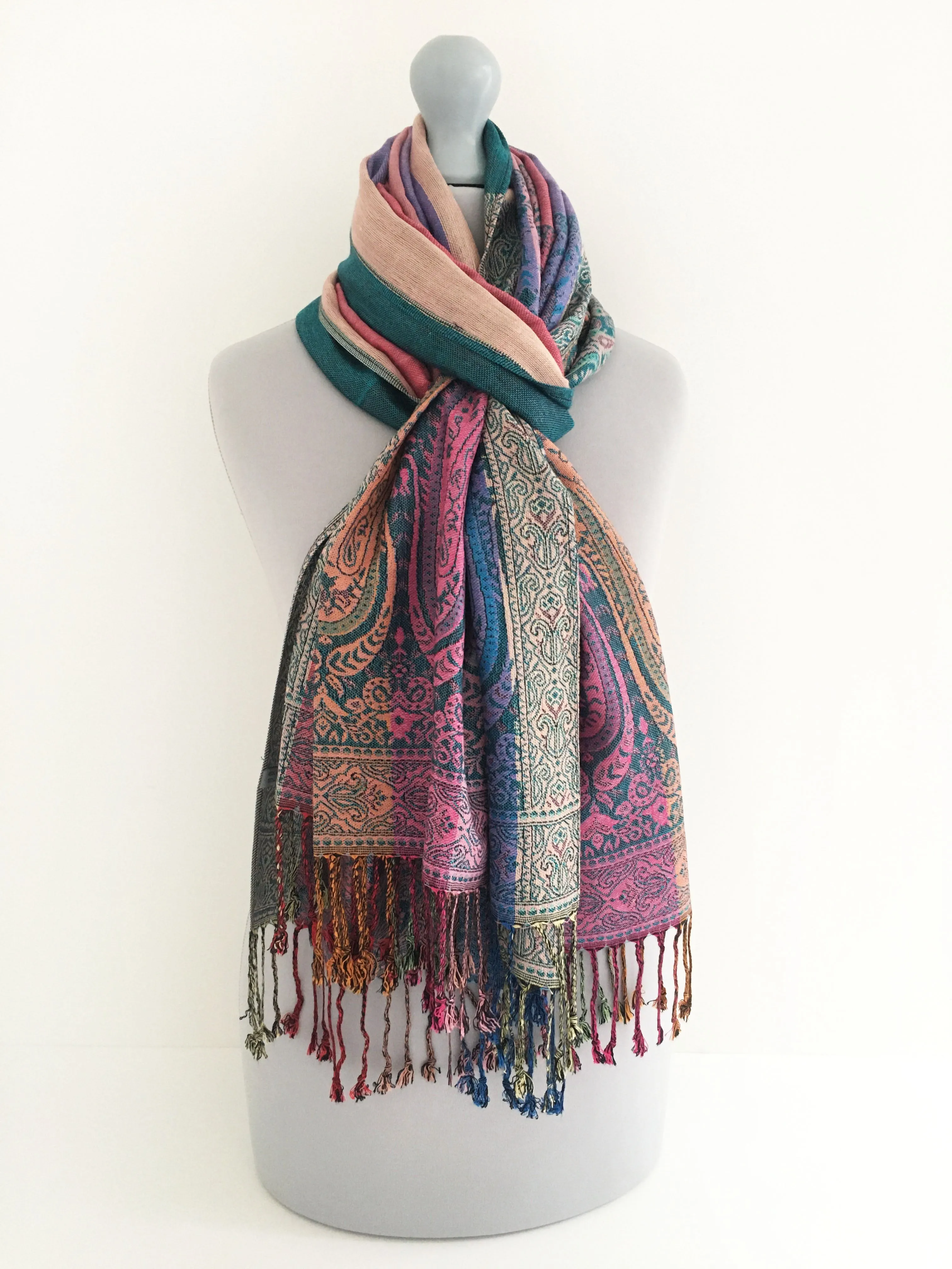 LARGE TEAL RAINBOW MULTI COLOUR PAISLEY PRINT PASHMINA SHAWL SCARF