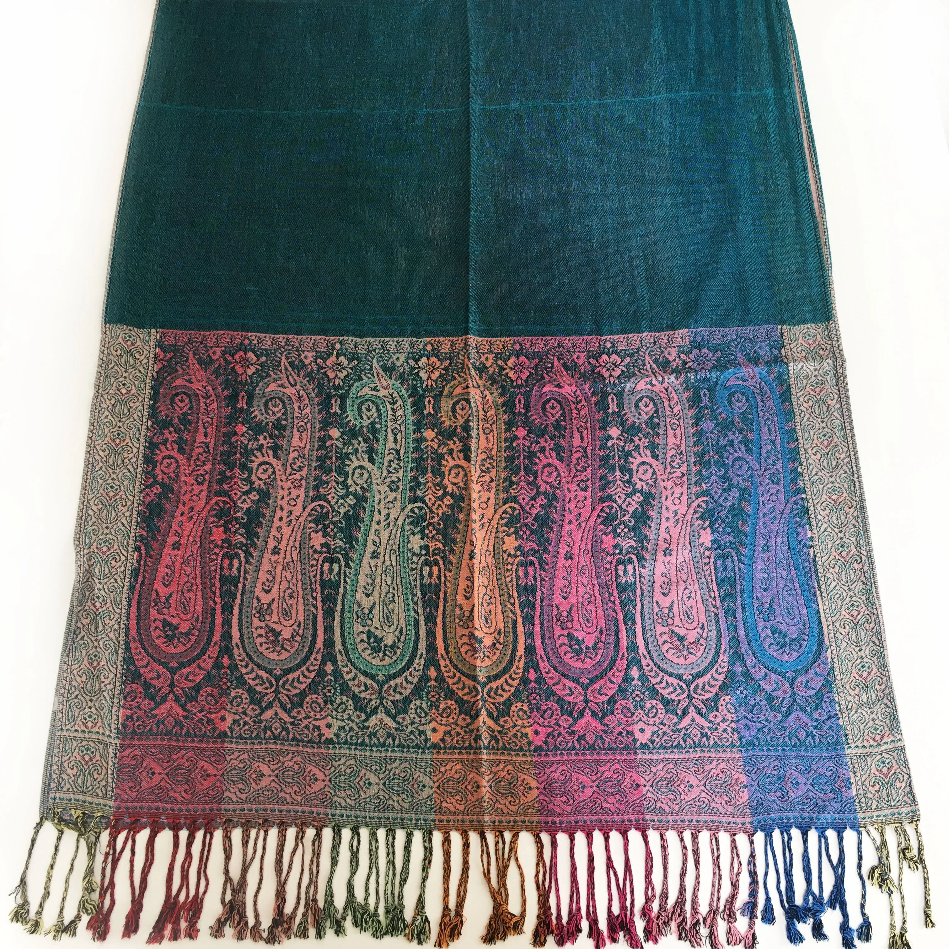 LARGE TEAL RAINBOW MULTI COLOUR PAISLEY PRINT PASHMINA SHAWL SCARF