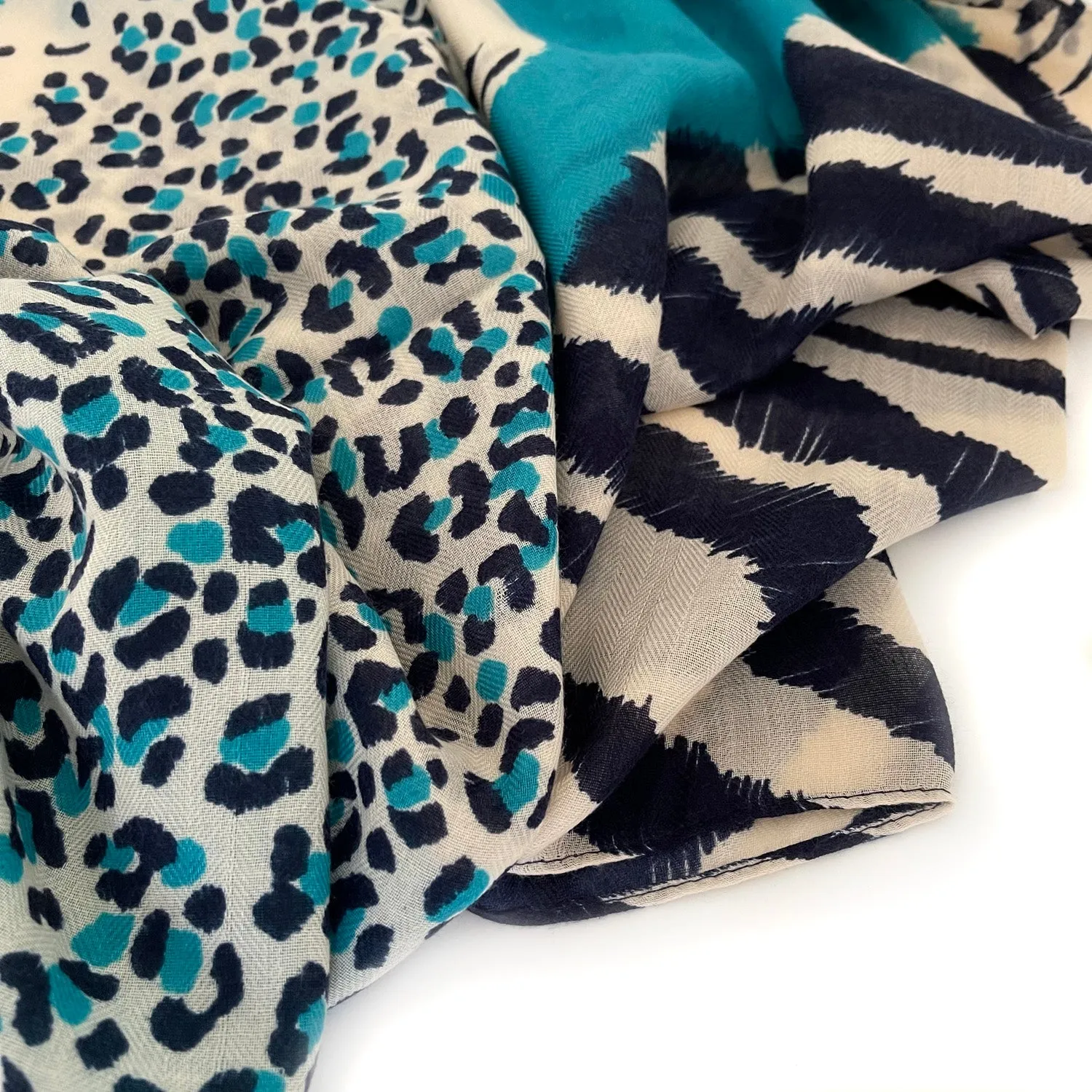 LARGE TURQUOISE BLUE TIGER AND LEOPARD PRINT SHAWL SCARF