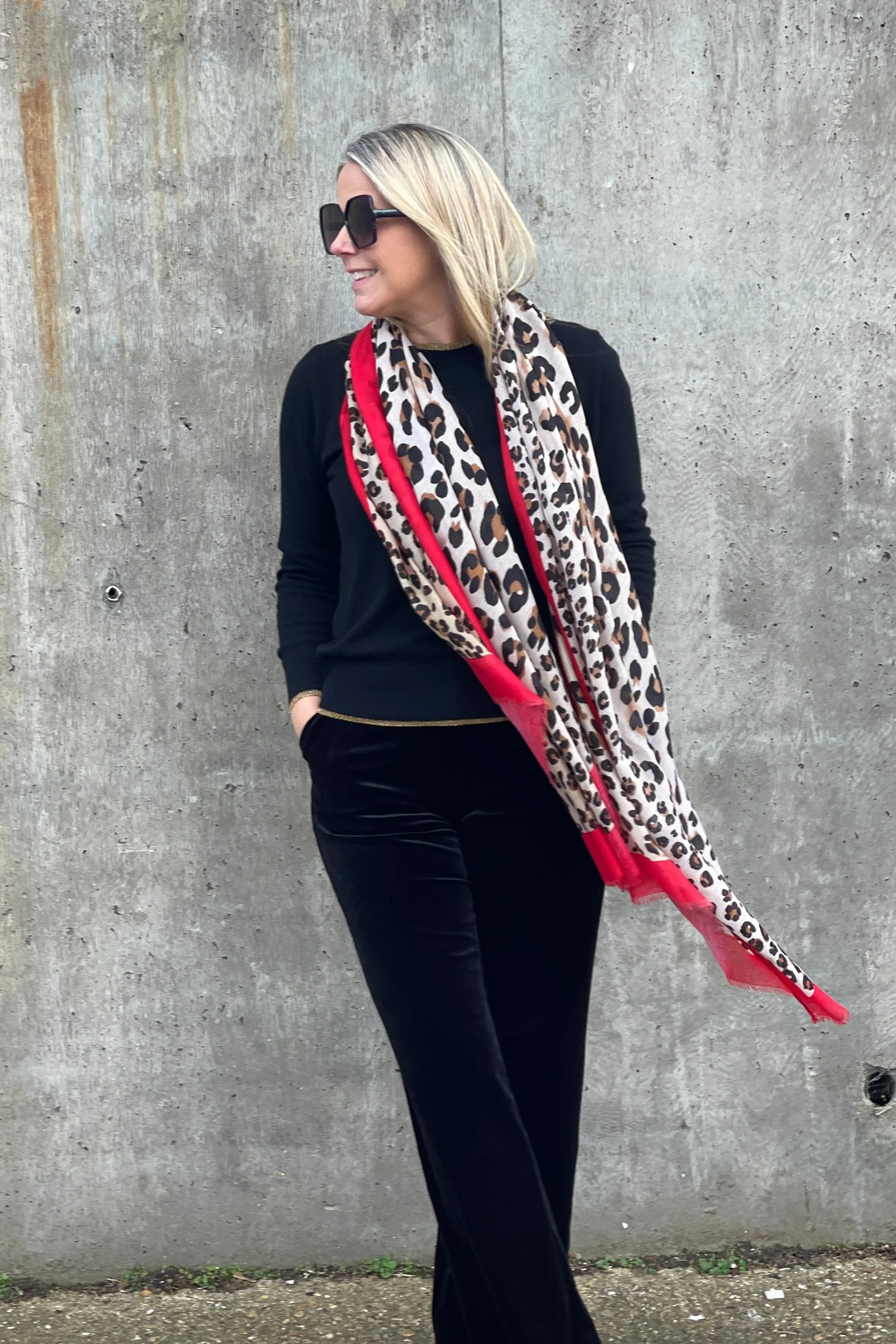 Leo Print Bright Border Scarf | Red