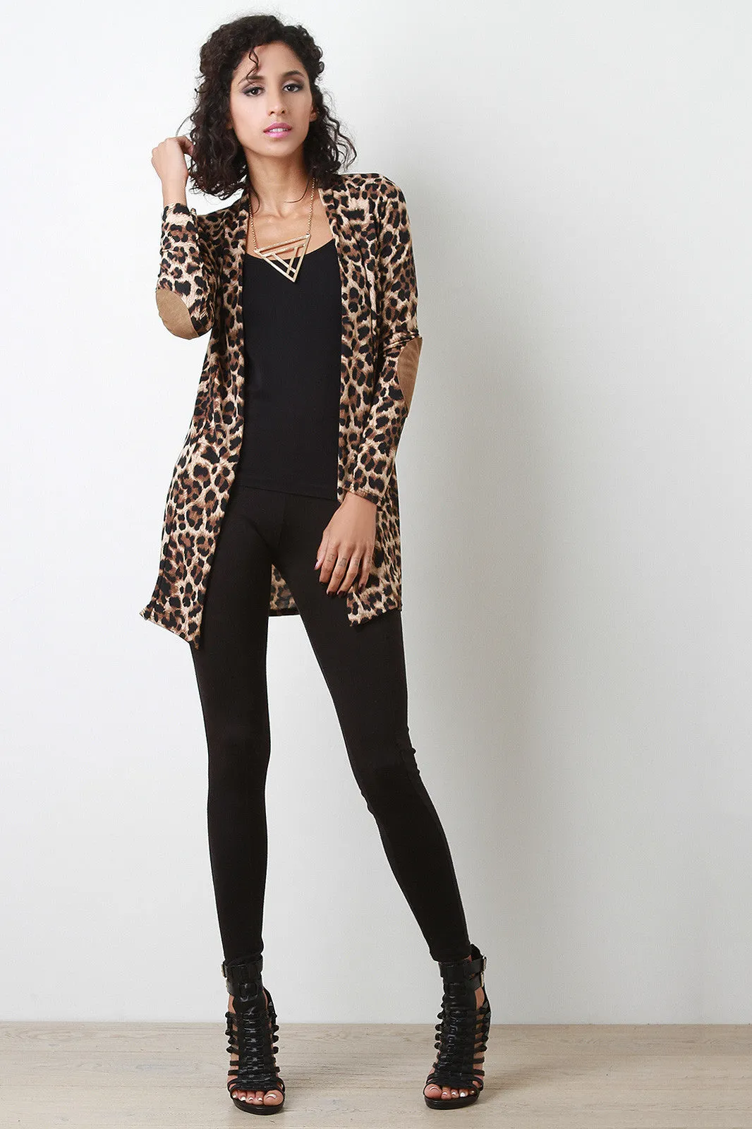 Leopard Open Front Elbow Patch Blazer