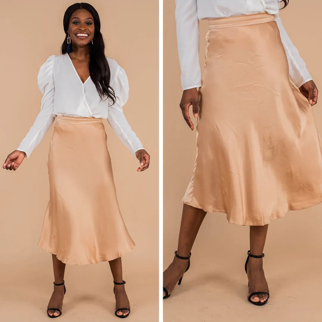 Let's Celebrate Champagne Satin Midi Skirt