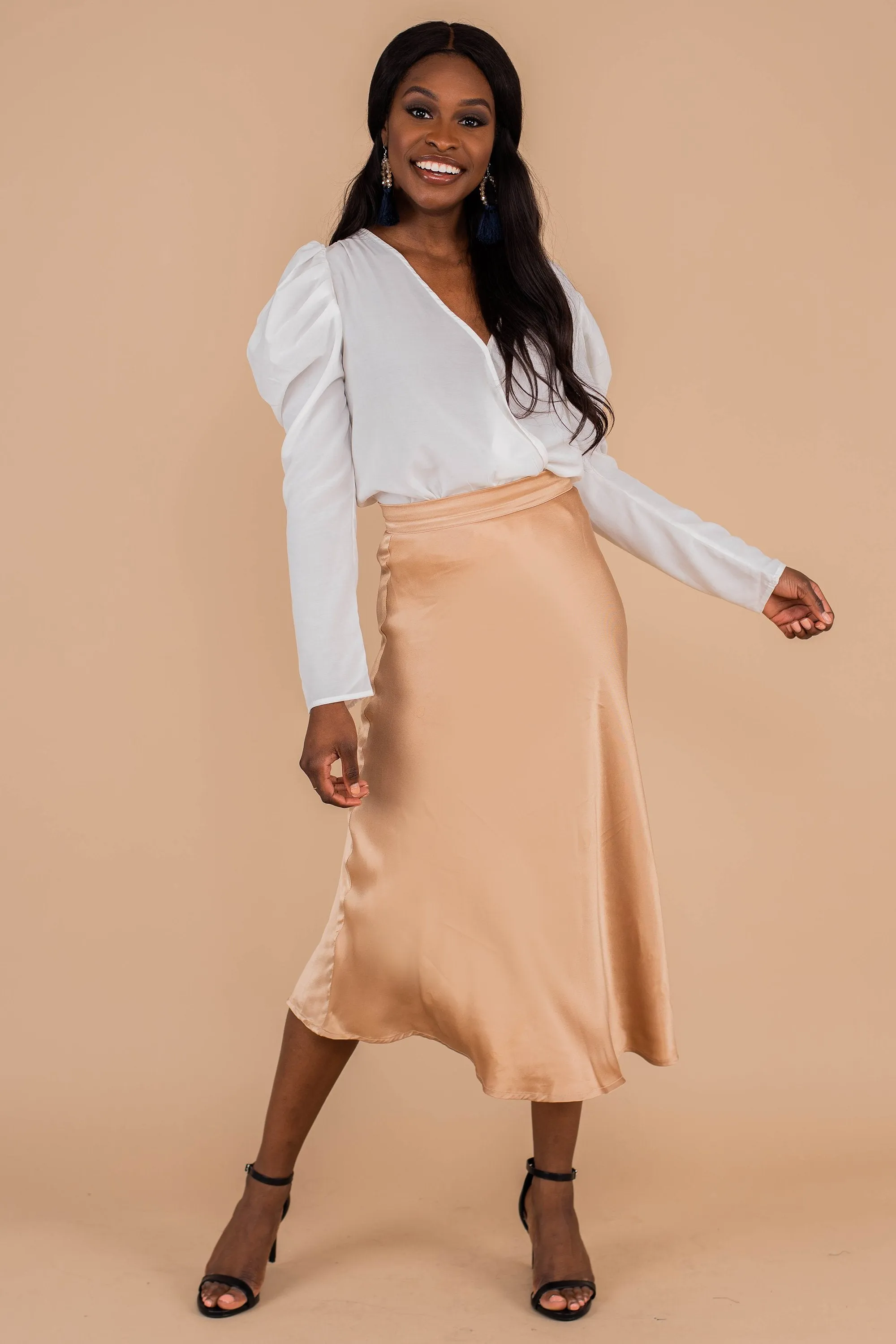 Let's Celebrate Champagne Satin Midi Skirt