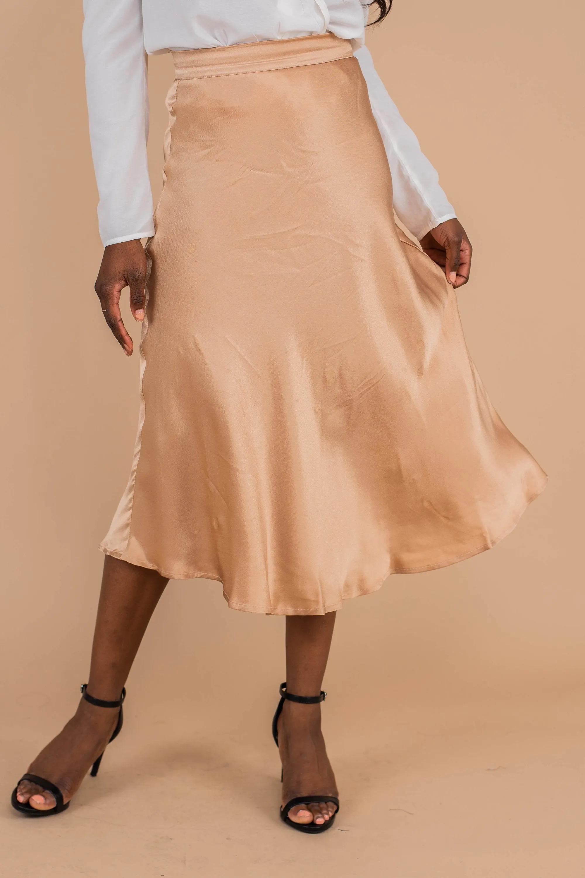 Let's Celebrate Champagne Satin Midi Skirt