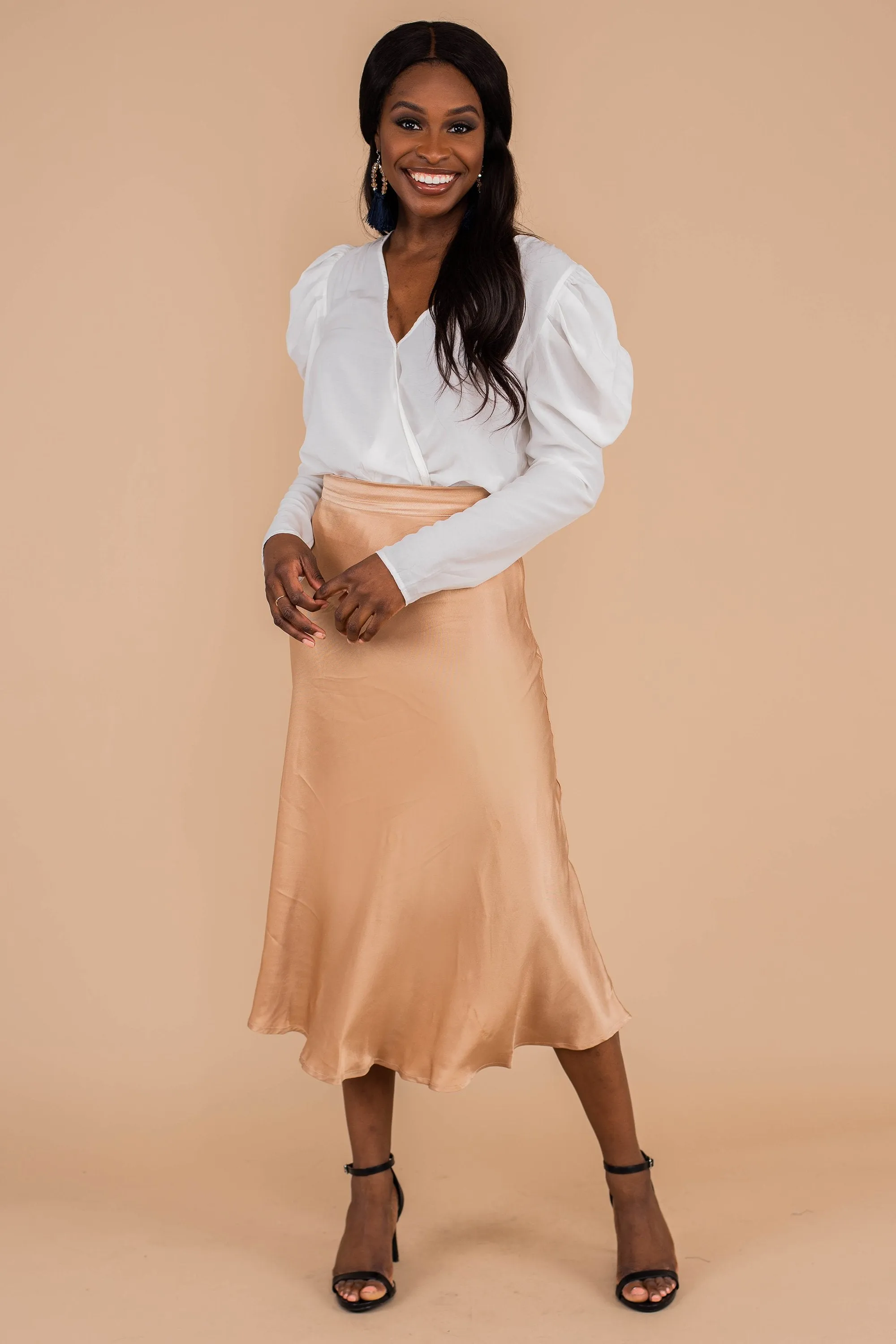 Let's Celebrate Champagne Satin Midi Skirt