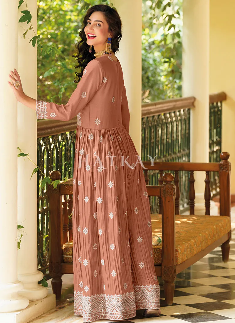 Light Brown Embroidered Flared Jumpsuit