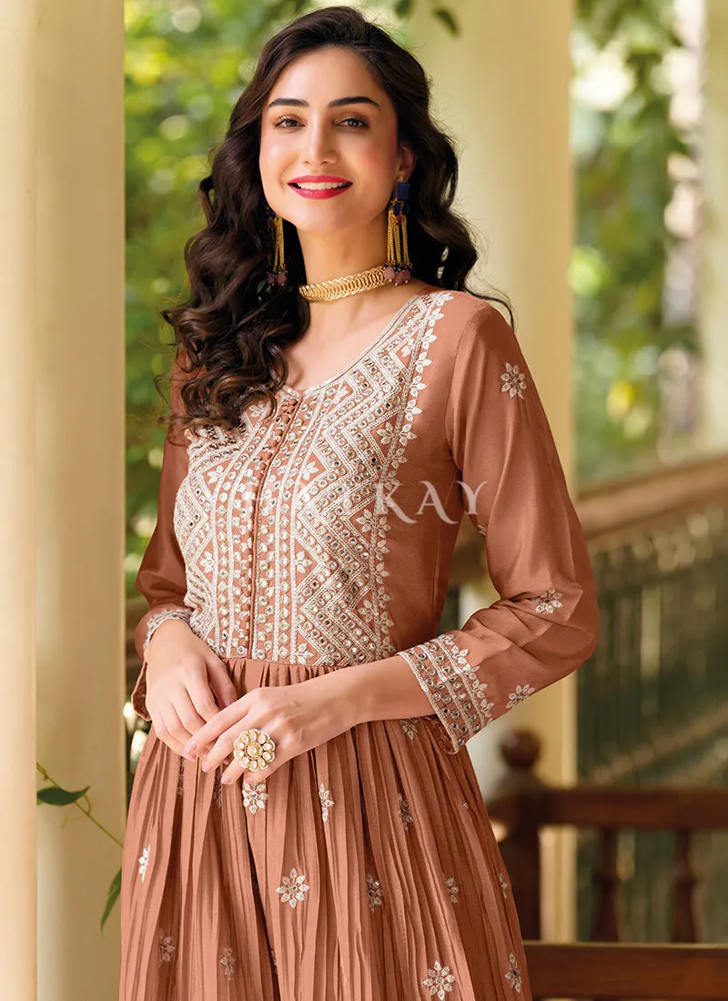 Light Brown Embroidered Flared Jumpsuit