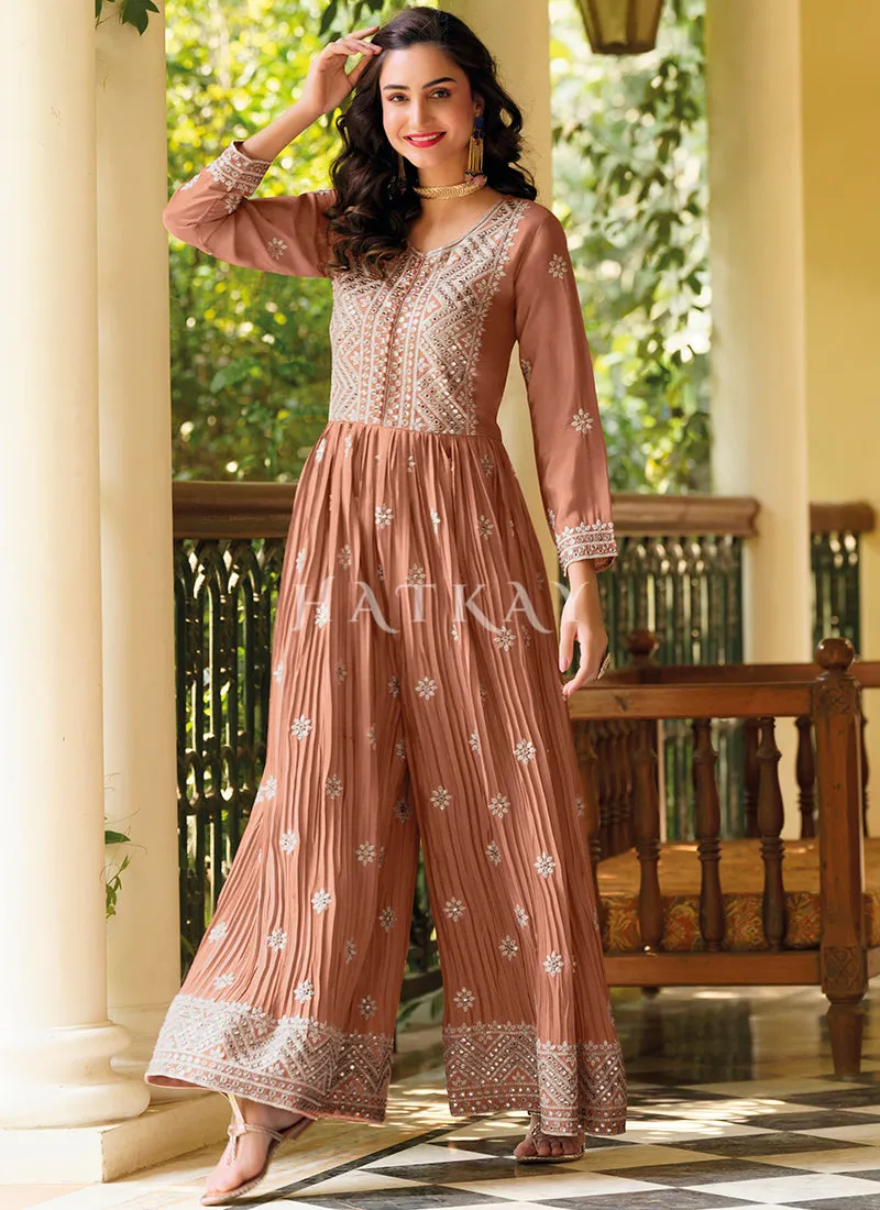 Light Brown Embroidered Flared Jumpsuit