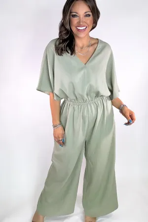 Light Olive V-neck Cinched Waist Wide Leg Jumpsuit