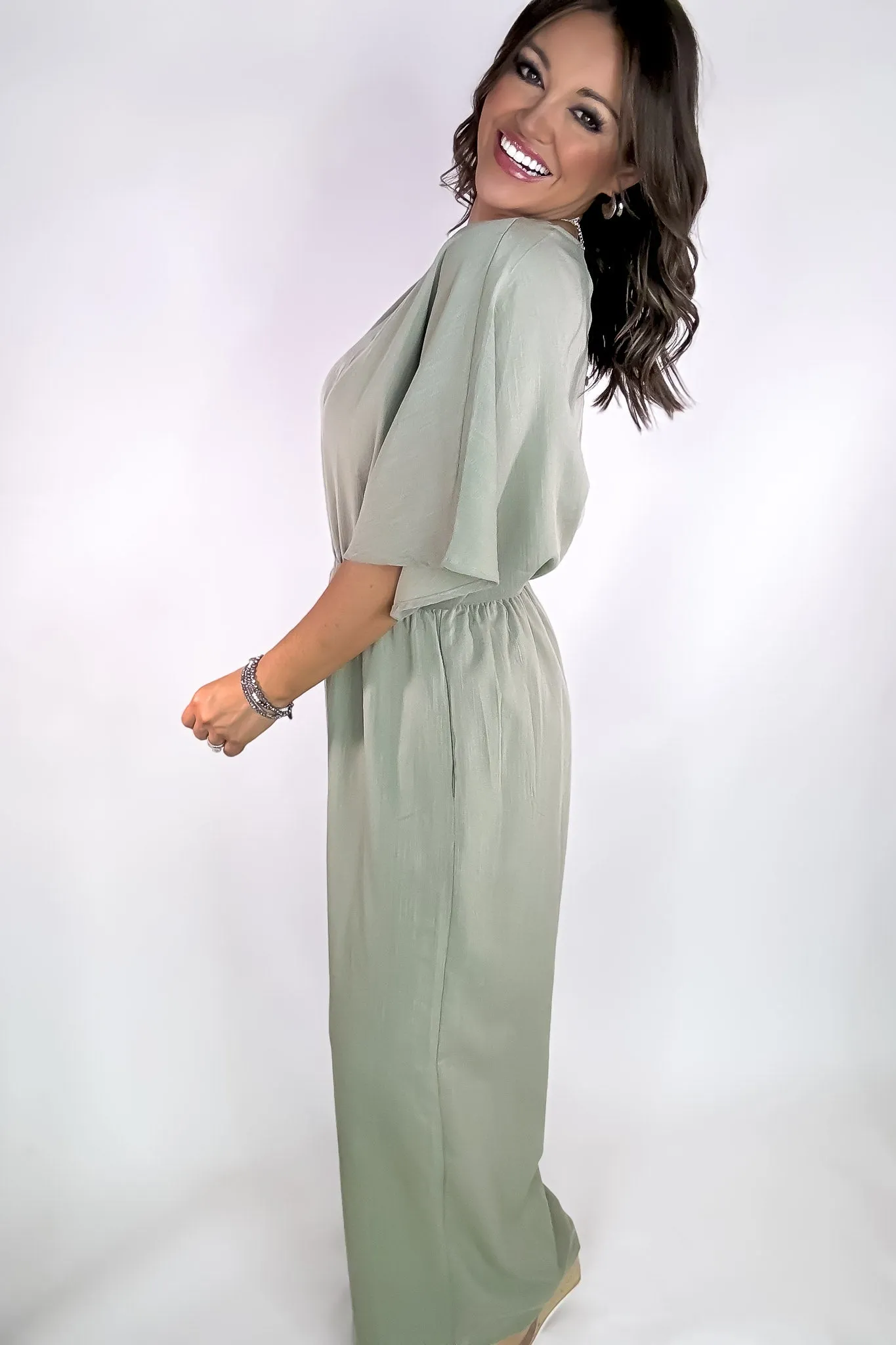 Light Olive V-neck Cinched Waist Wide Leg Jumpsuit