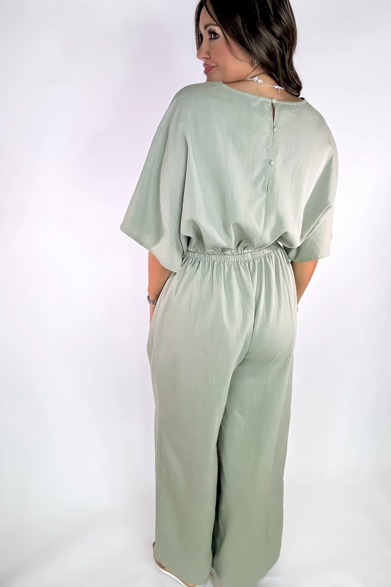 Light Olive V-neck Cinched Waist Wide Leg Jumpsuit