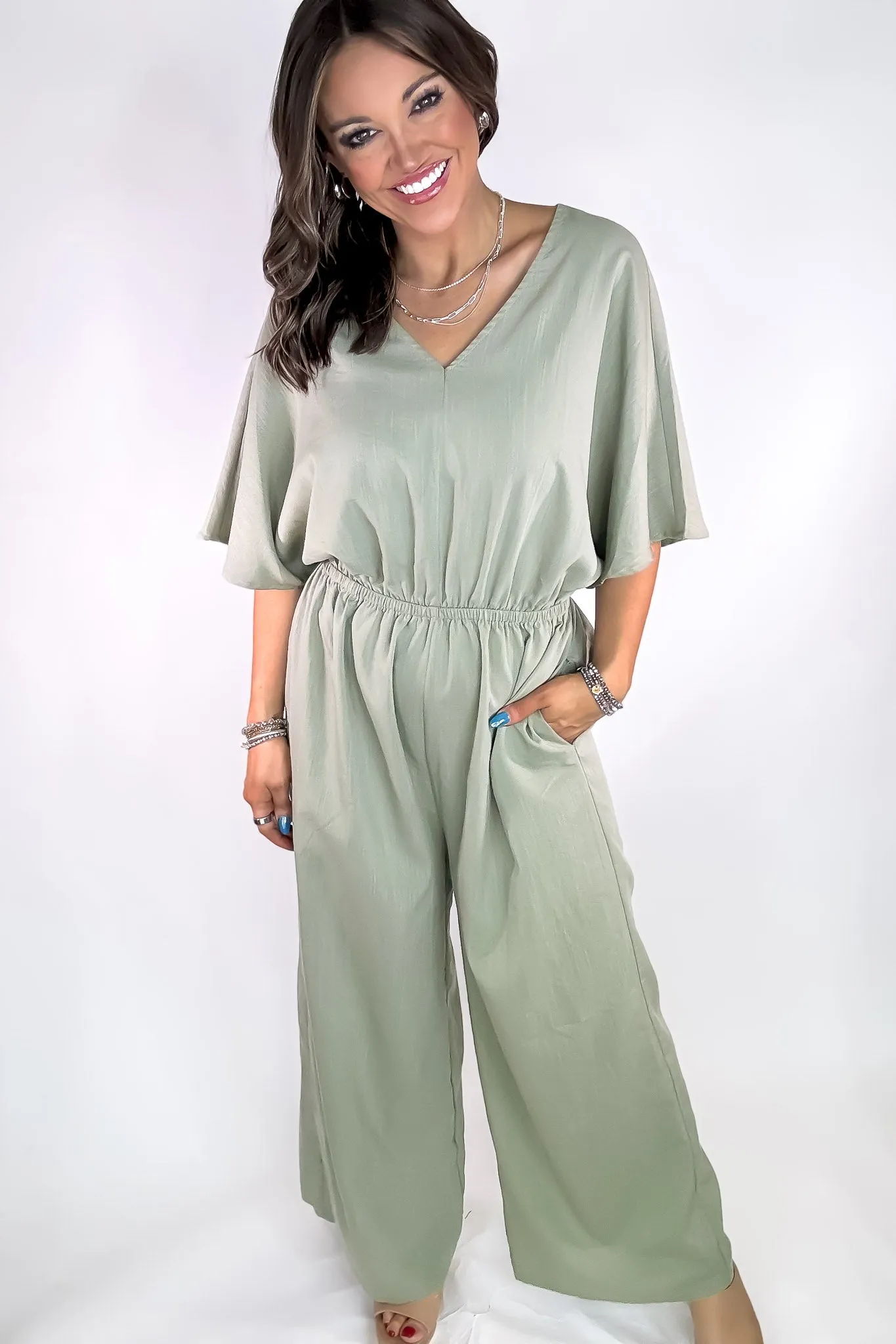 Light Olive V-neck Cinched Waist Wide Leg Jumpsuit