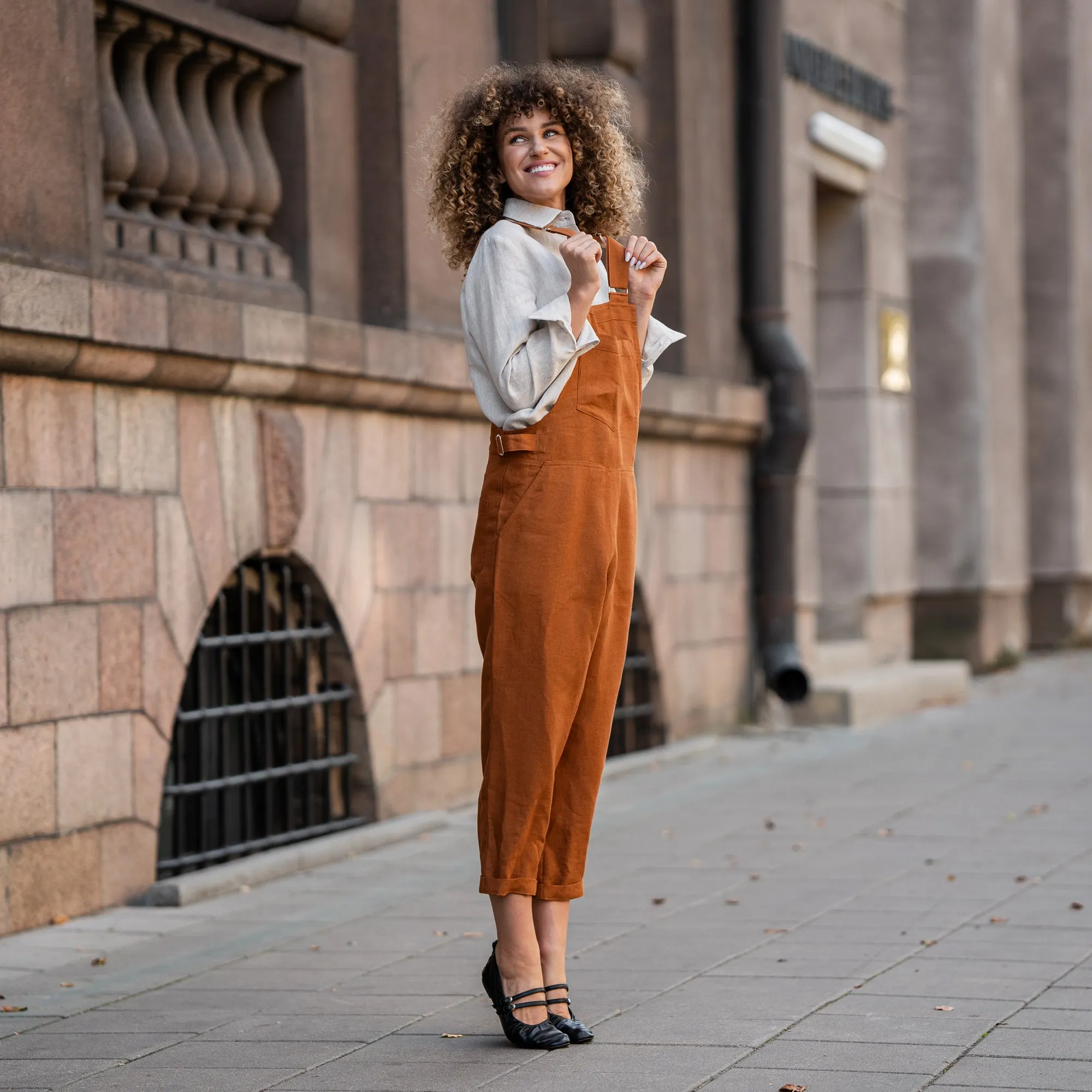 Linen Pinafore Jumpsuit Nicci Almond Brown