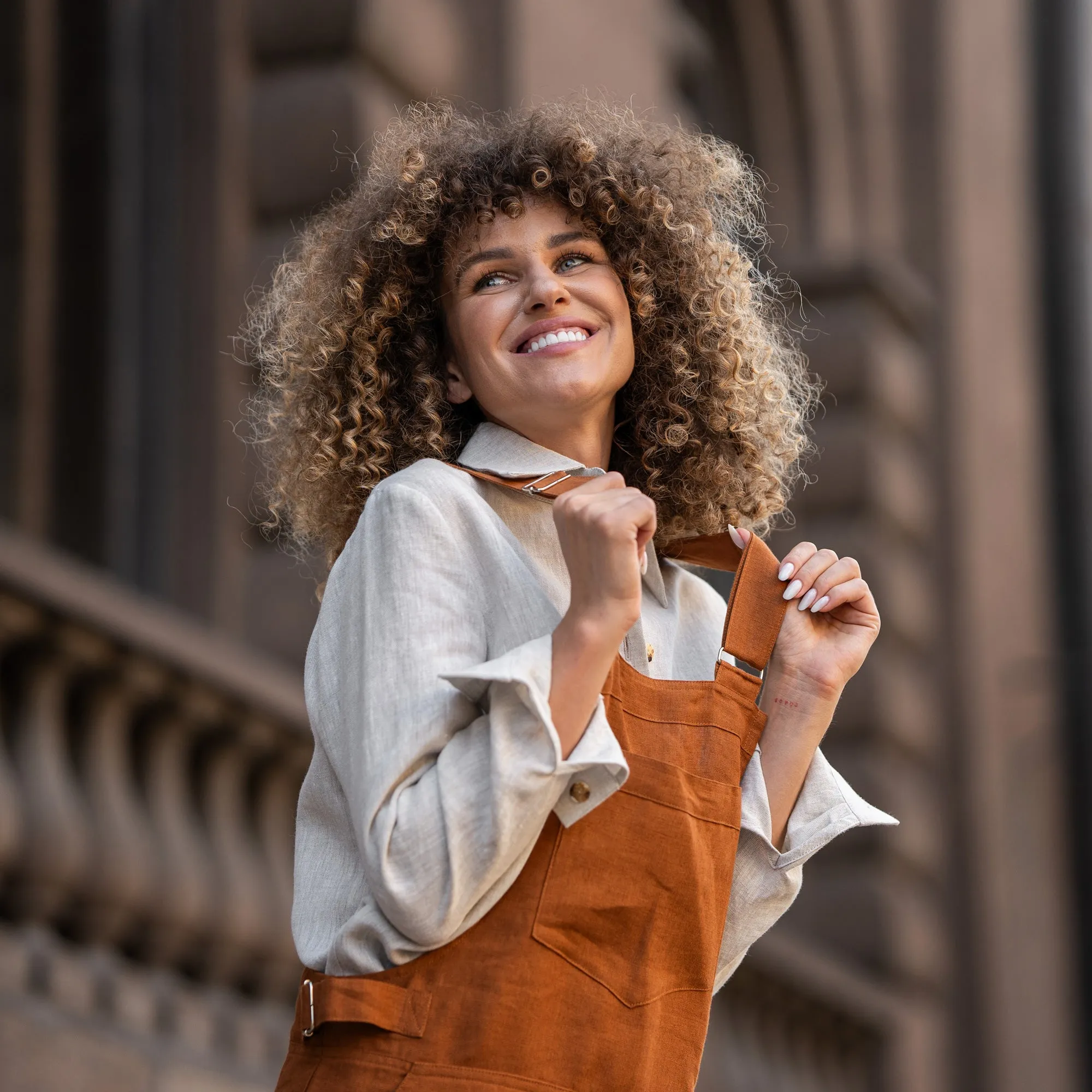 Linen Pinafore Jumpsuit Nicci Almond Brown