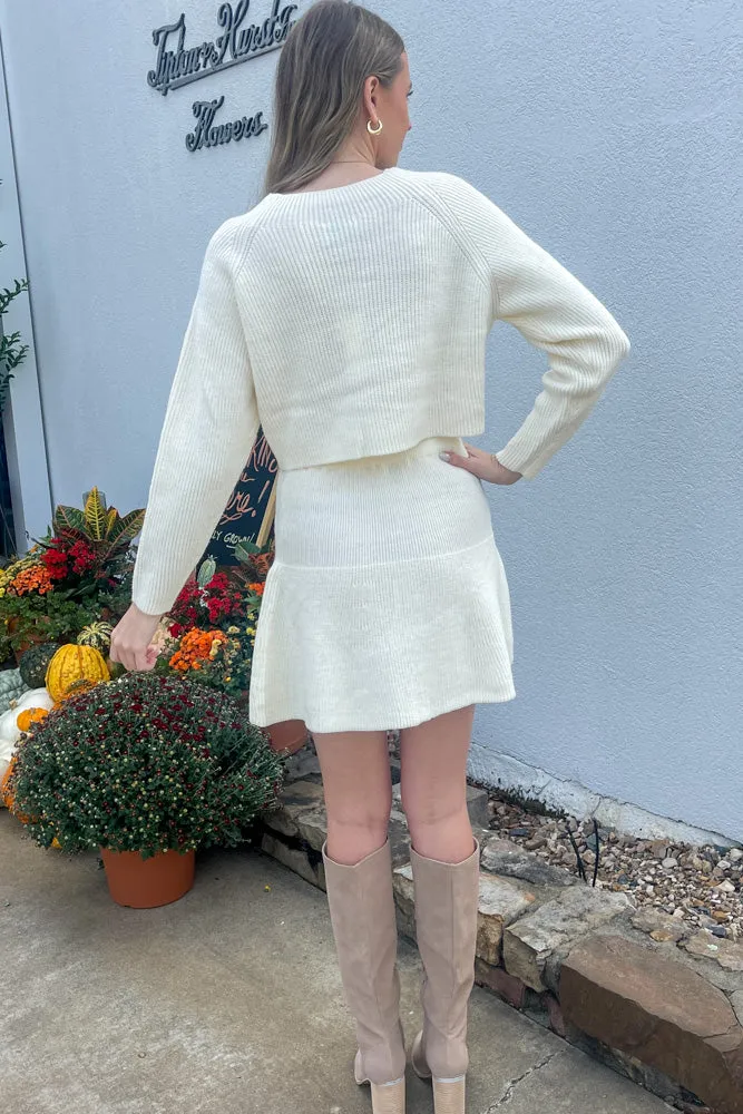 Long Sleeve Knit Top And Flare Skirt Set-Cream