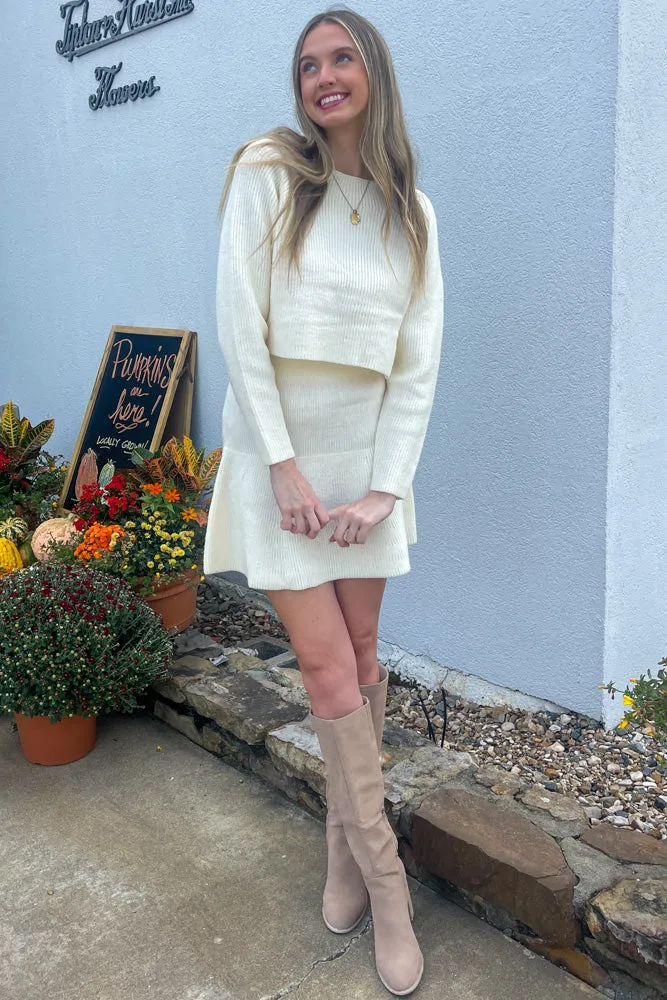 Long Sleeve Knit Top And Flare Skirt Set-Cream