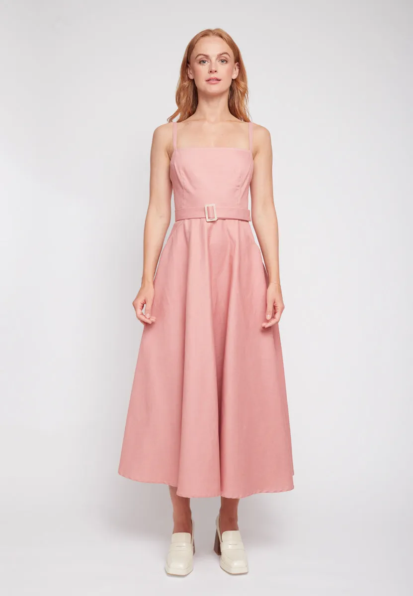 MATISSA pastel pink denim open back midi dress with retro skirt