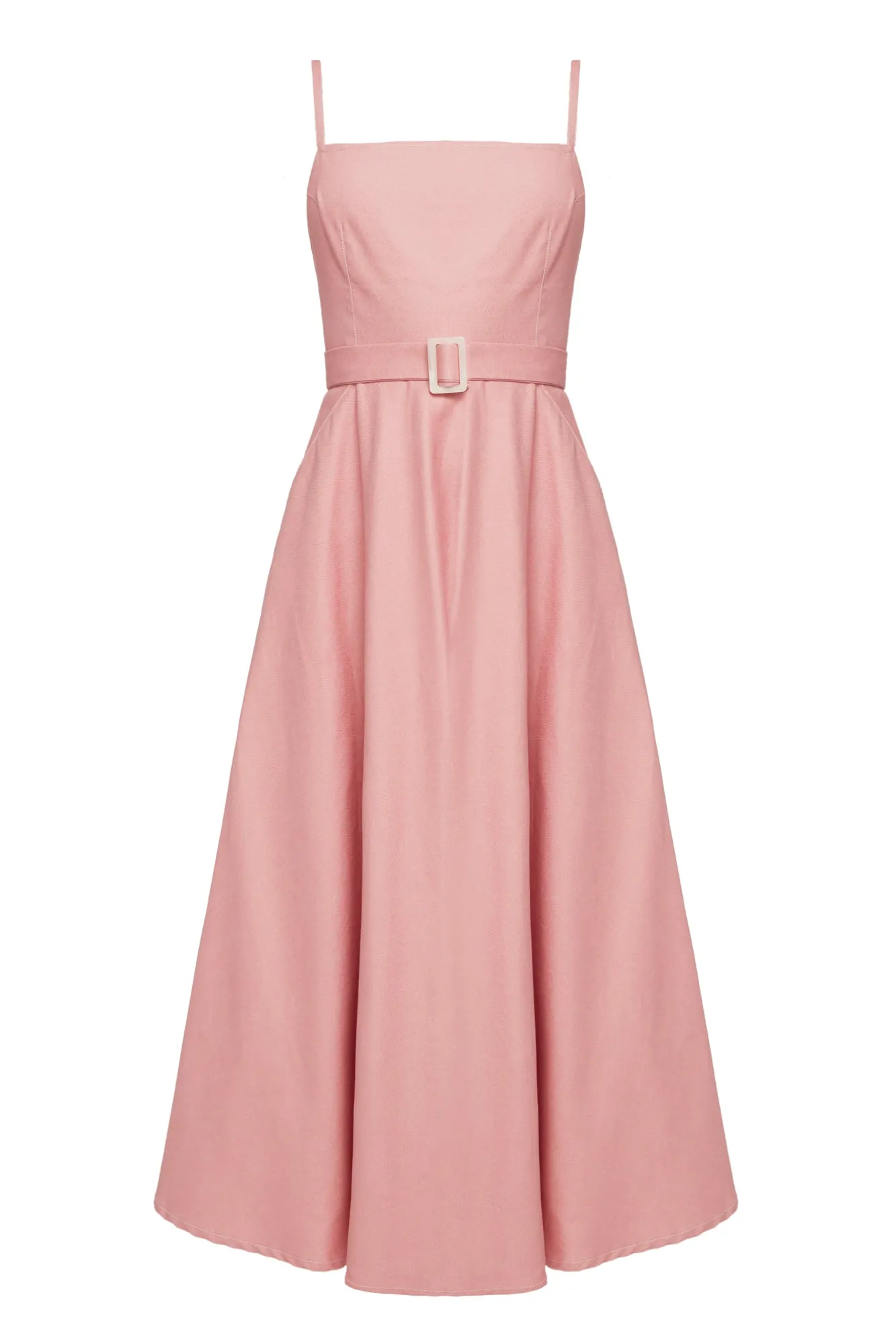 MATISSA pastel pink denim open back midi dress with retro skirt