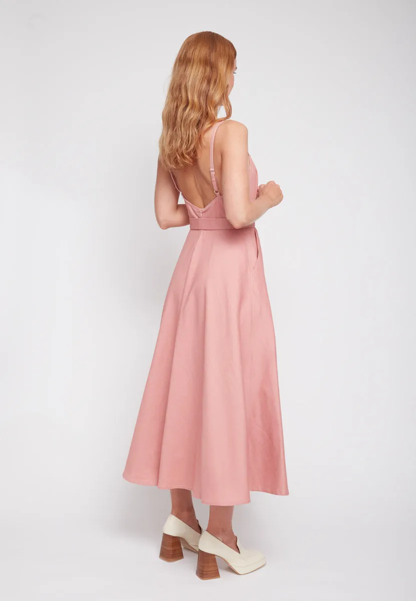 MATISSA pastel pink denim open back midi dress with retro skirt