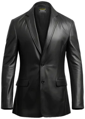 Men Two Button Stylish Leather Black Blazer