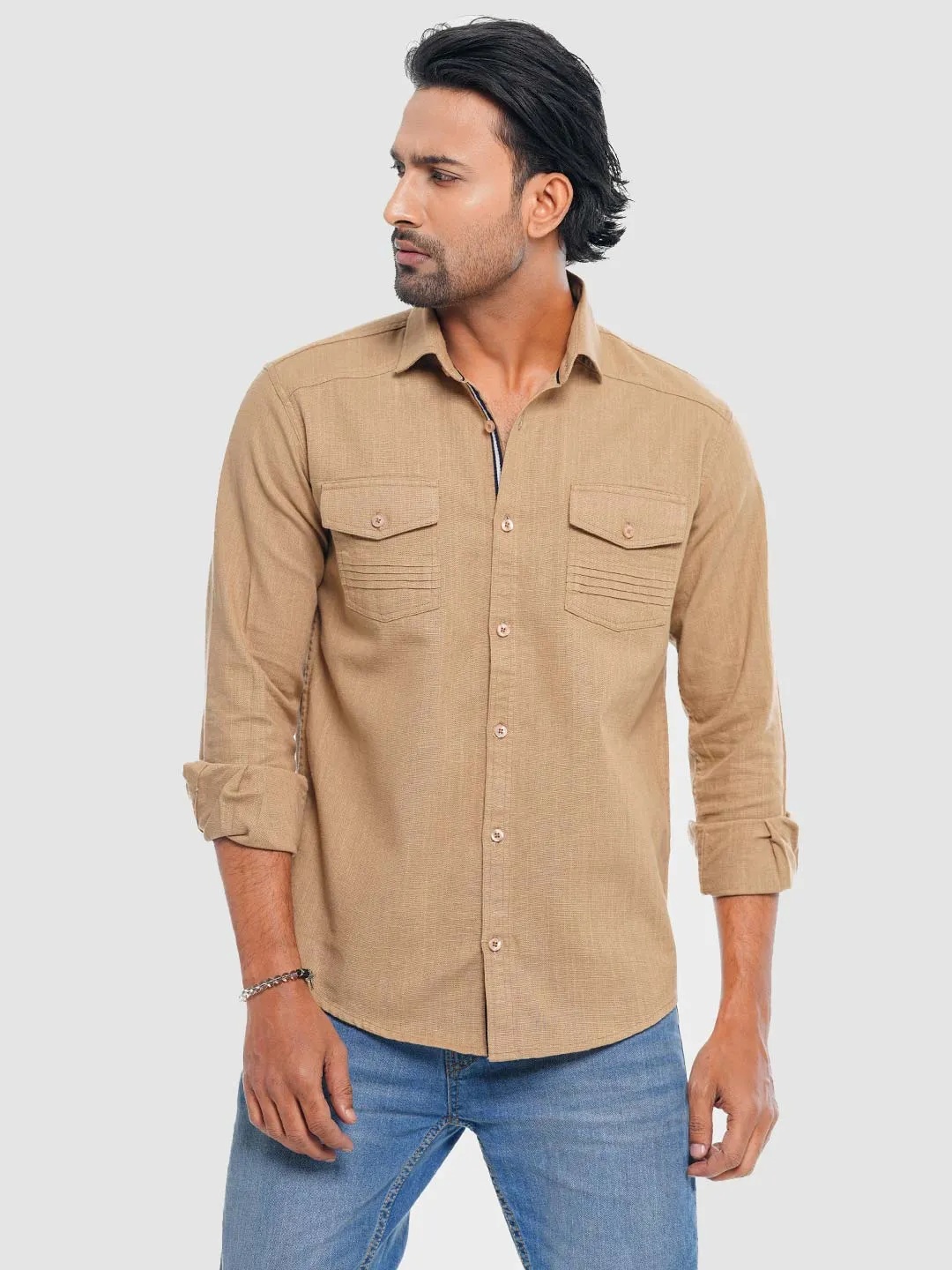 Men's Casual Full Sleeve Shirt in Camel Beige