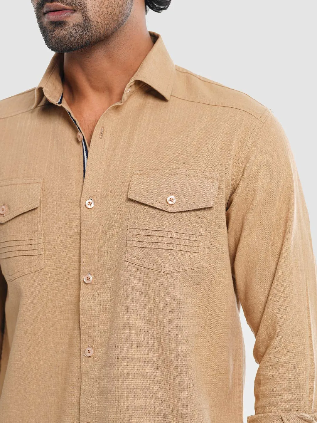 Men's Casual Full Sleeve Shirt in Camel Beige