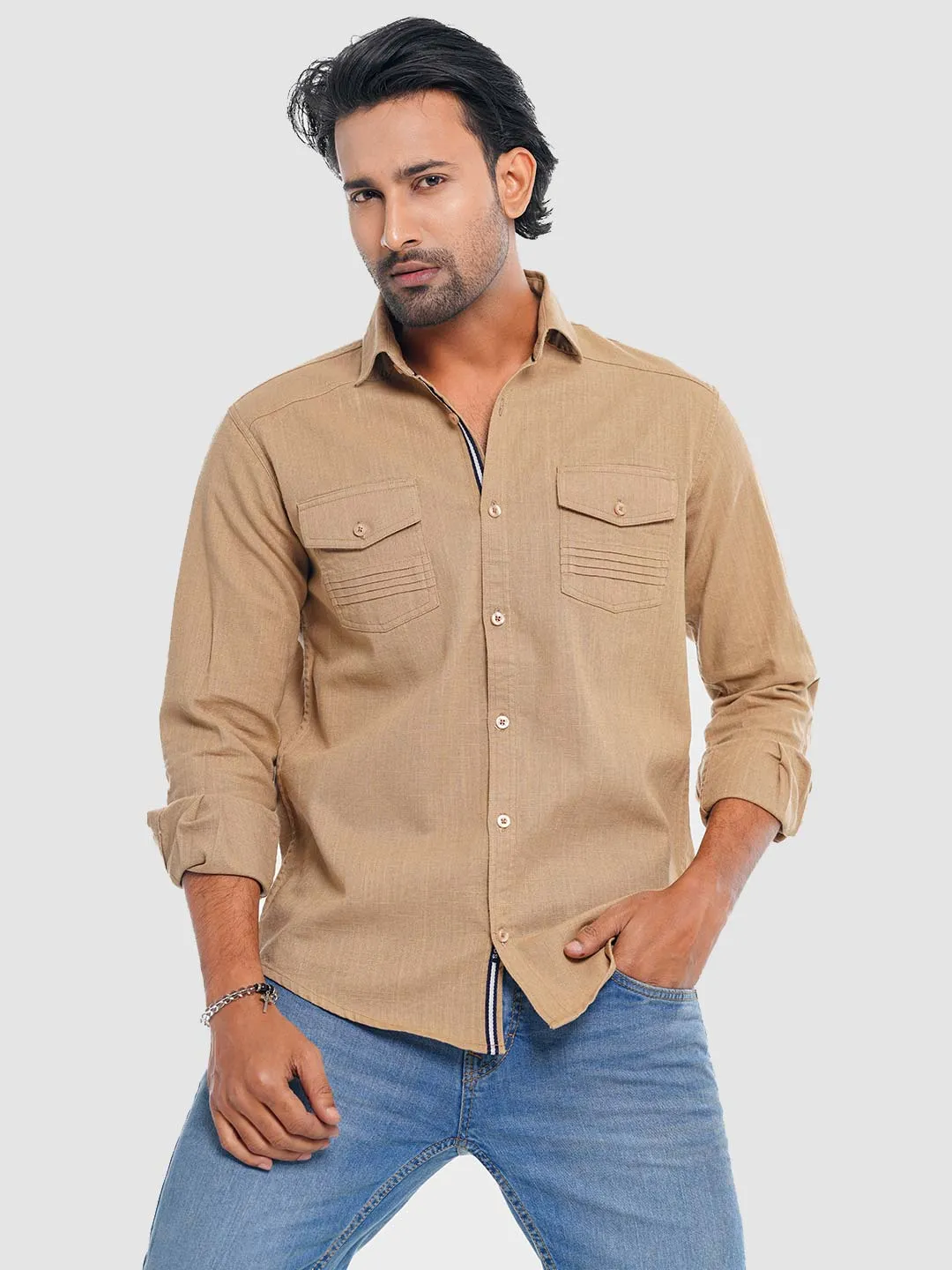 Men's Casual Full Sleeve Shirt in Camel Beige