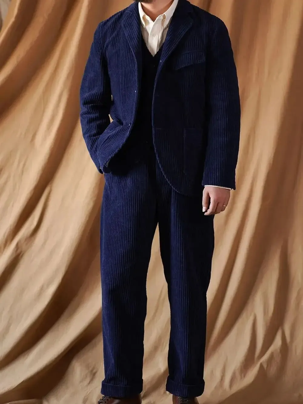 Men's Indigo Engineer Corduroy Suit Jacket - Classic French Style