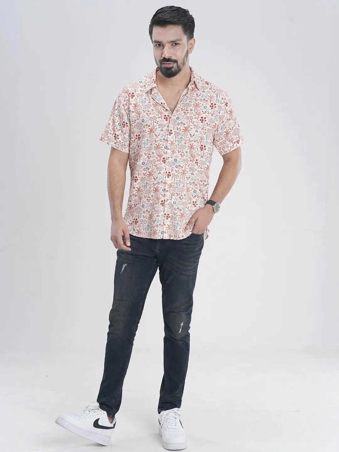 Men's Short Sleeve Casual Shirt in AOP Print Orange