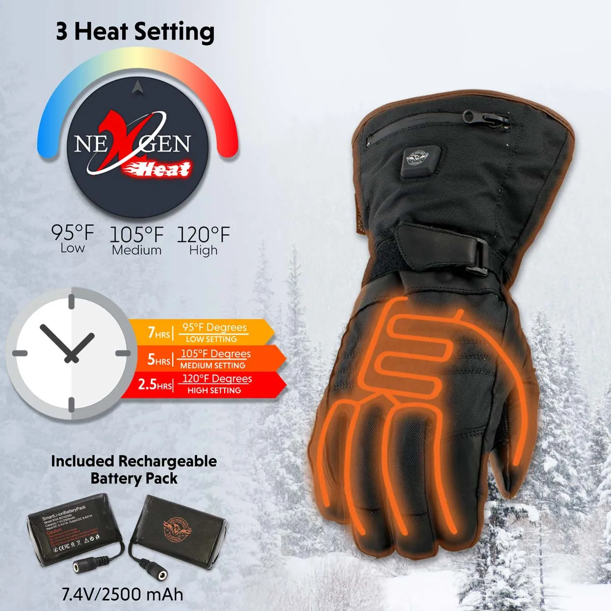 Milwaukee Leather MG17501SET Men’s Heated Black Leather/Textile Winter Gloves w/Battery/Harness Wire and i-Touch