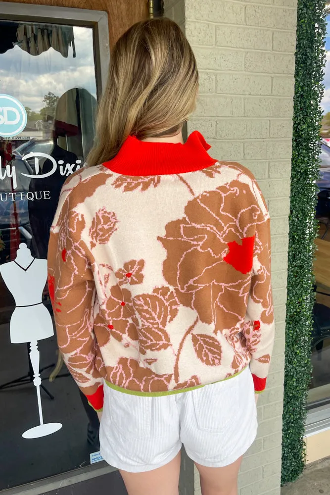 Mock Neck Half Zip Floral Sweater-Orange