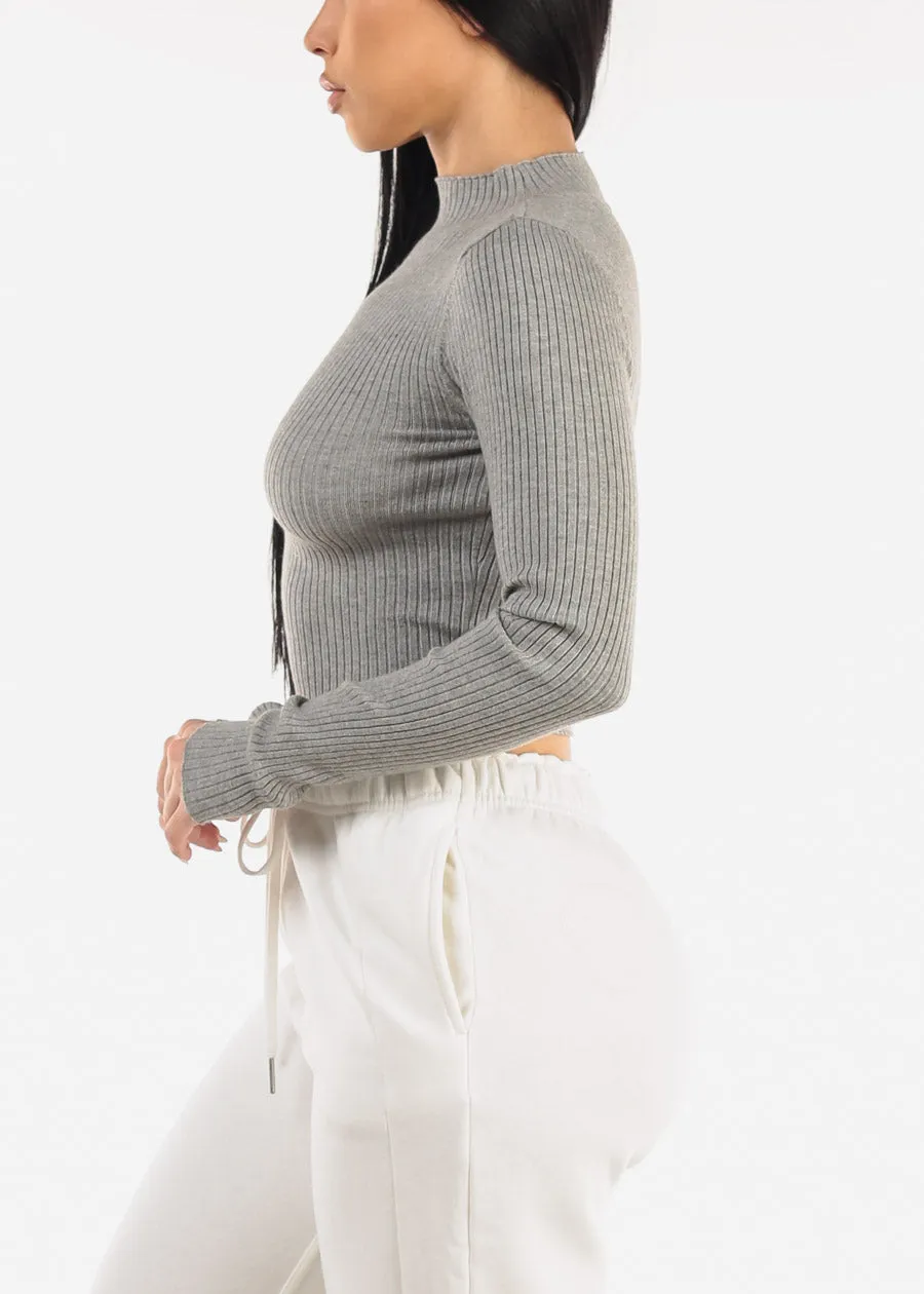 Mock Neck Ribbed Crop Sweater Top Grey