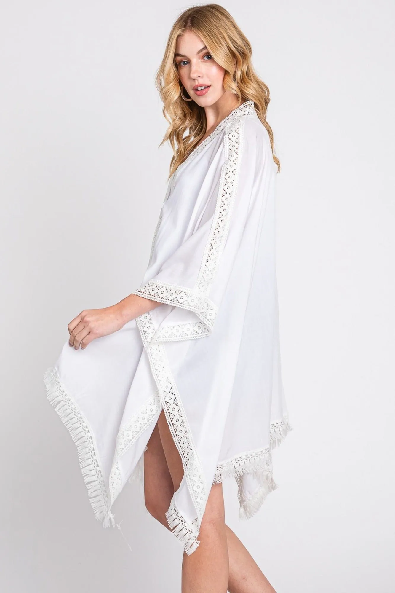 MS0363 Gabriella Aztec Lace Trim Poncho With Tassel